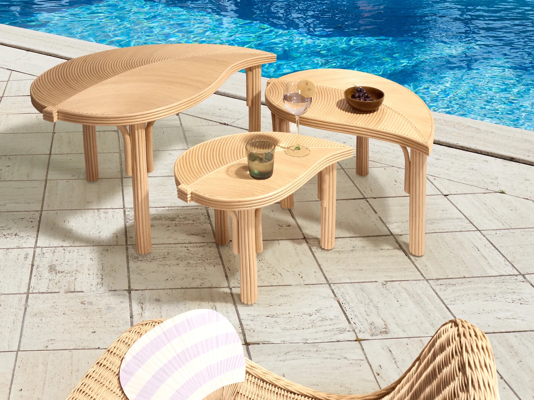 Set of 3 Coffee Tables PARALIA Rattan Natural