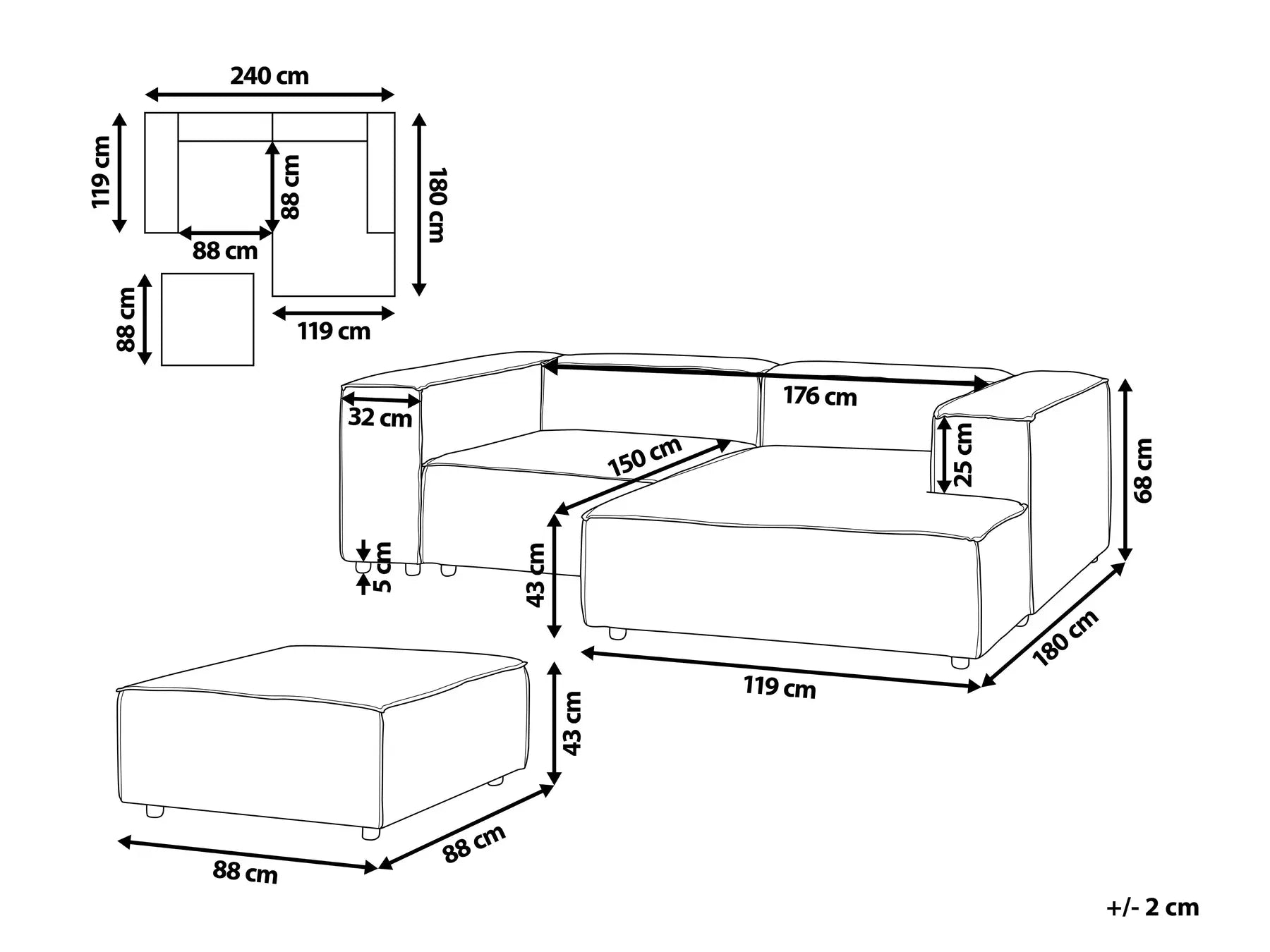 Modular Corner Sofa 3 Seater ARDAL Corduroy Off-White Left Hand