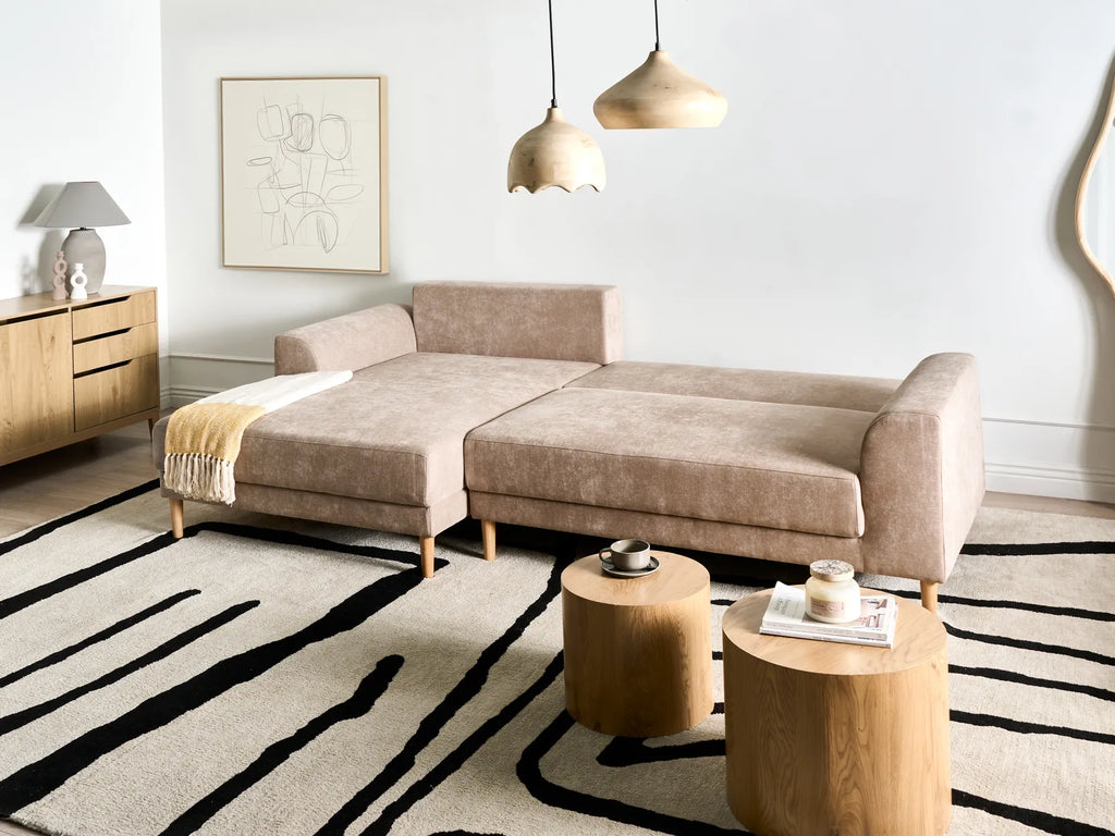 Corner Sofa Bed 3 Seater NUBORG Chenille Light Brown Right Hand