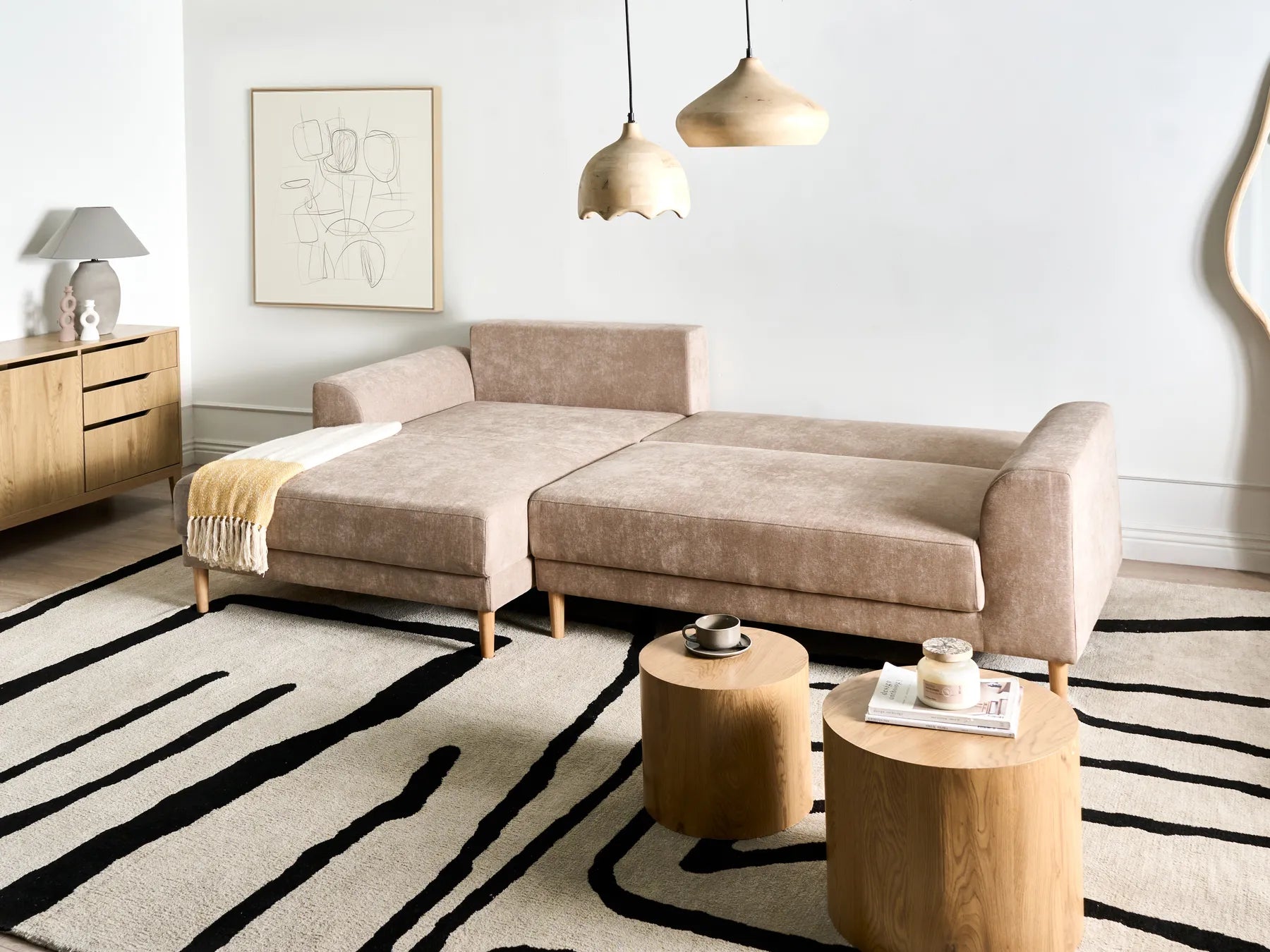 Corner Sofa Bed 3 Seater NUBORG Chenille Light Brown Right Hand