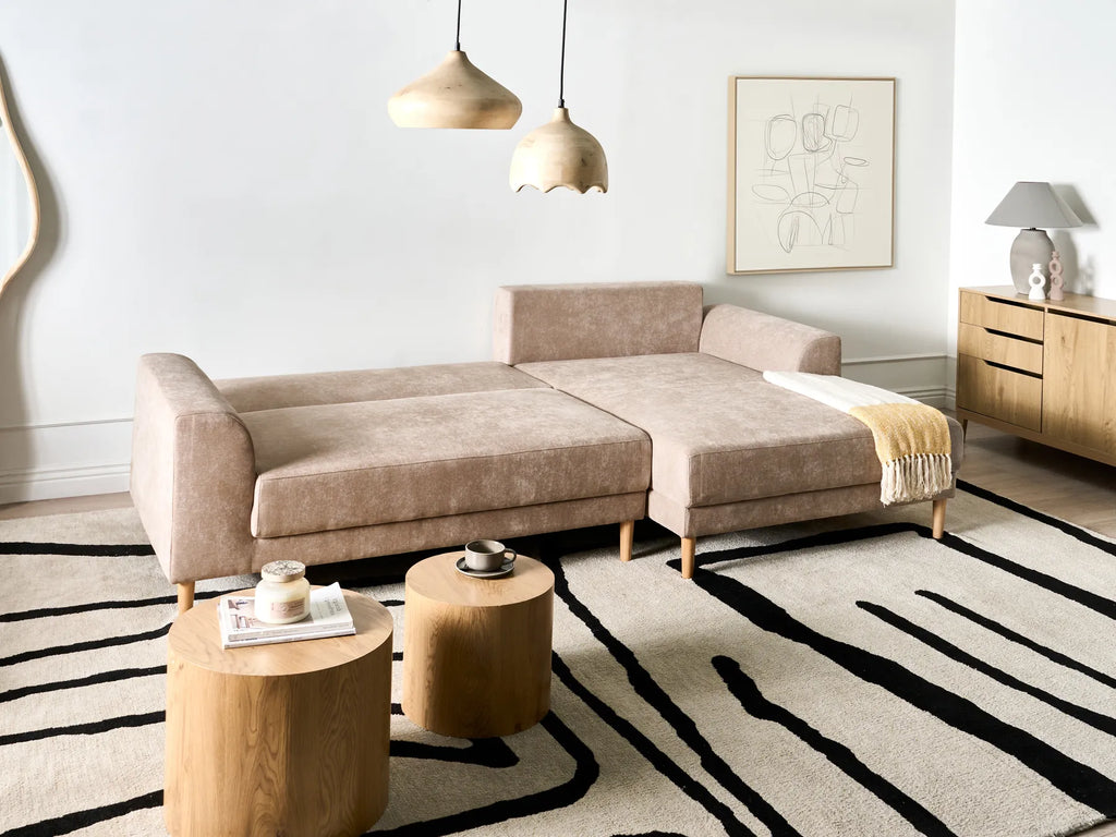 Corner Sofa Bed 3 Seater NUBORG Chenille Light Brown Left Hand