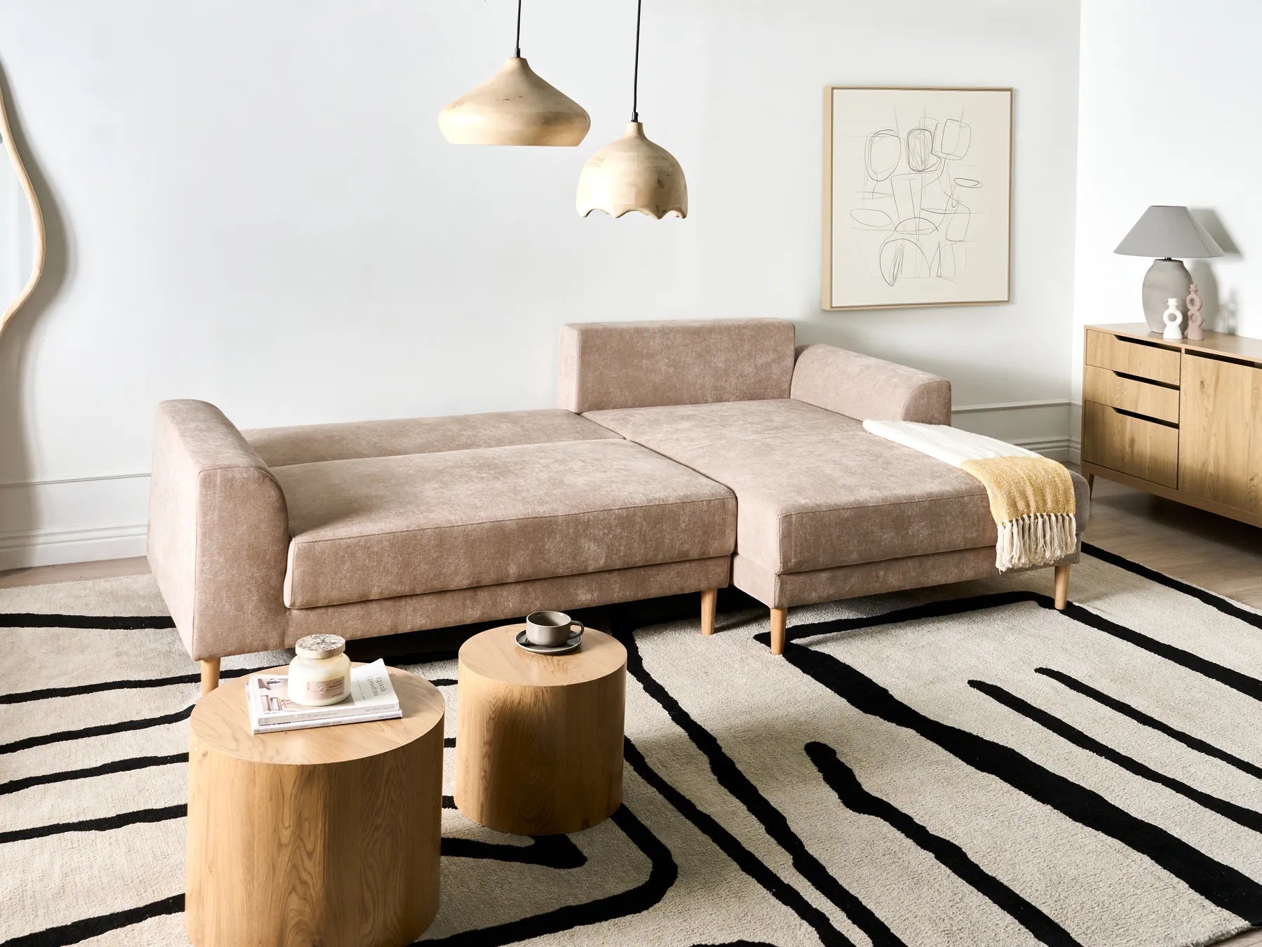 Corner Sofa Bed 3 Seater NUBORG Chenille Light Brown Left Hand