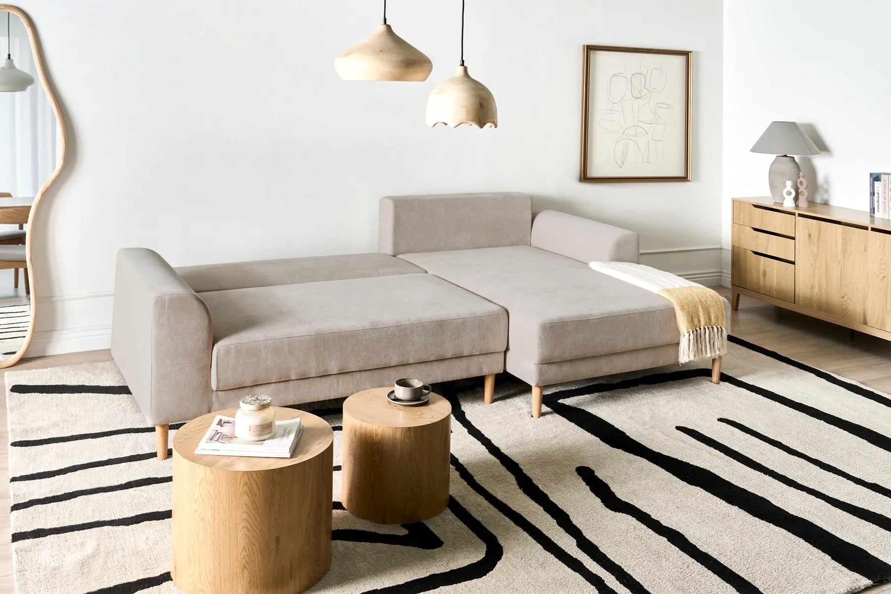 Corner Sofa Bed 3 Seater NUBORG Chenille Light Beige Left Hand