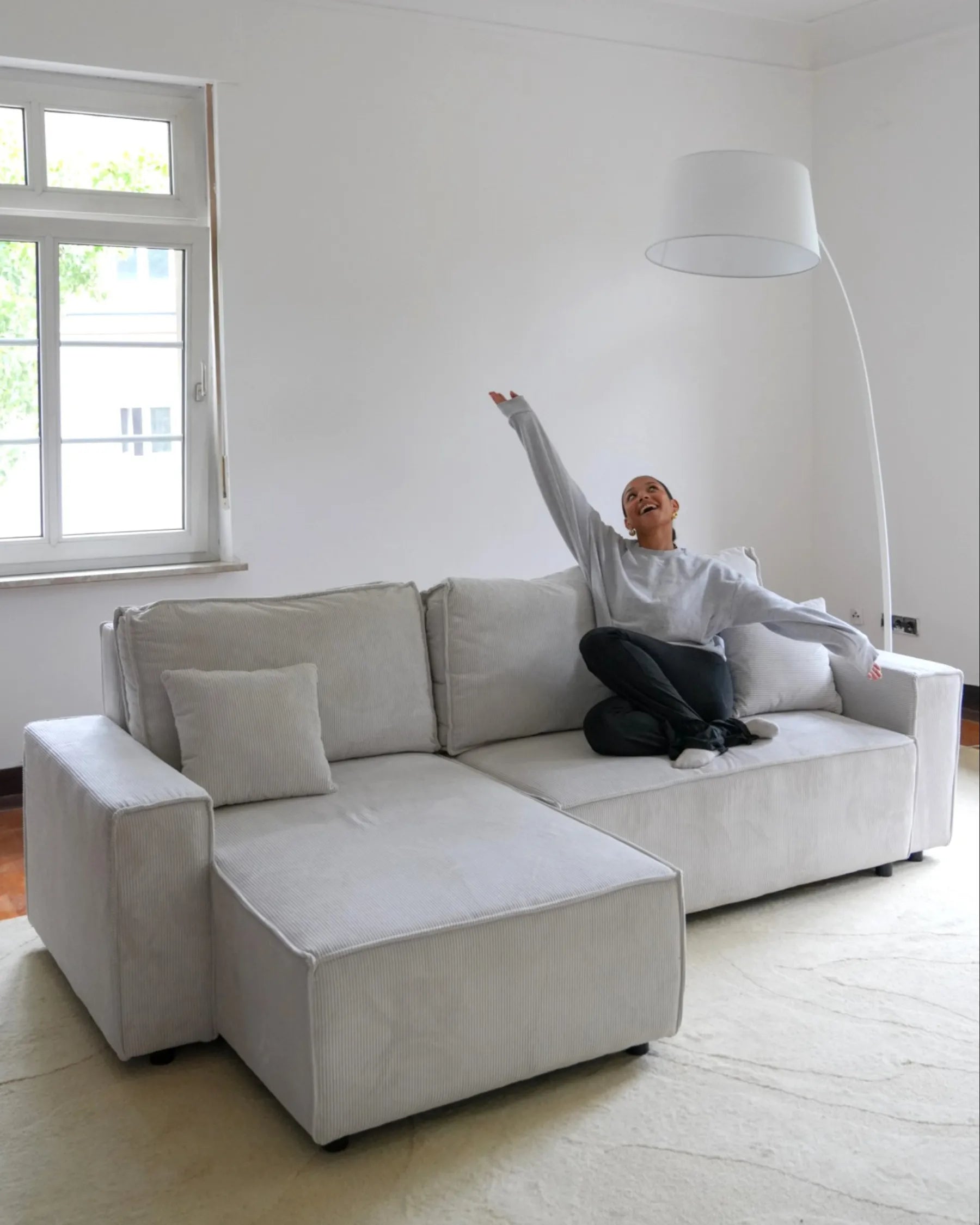 Corner Sofa Bed 3 Seater ABACKA Corduroy Off-White Right Hand