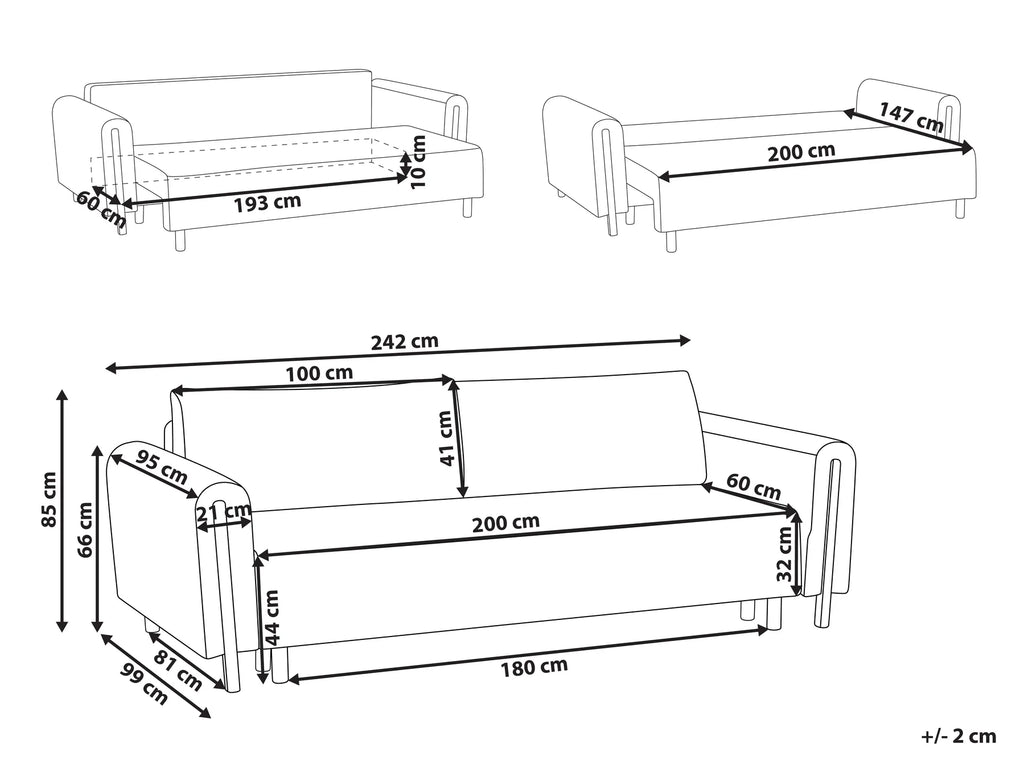 Sofa Bed 3 Seater KVAM Fabric Grey with Storage