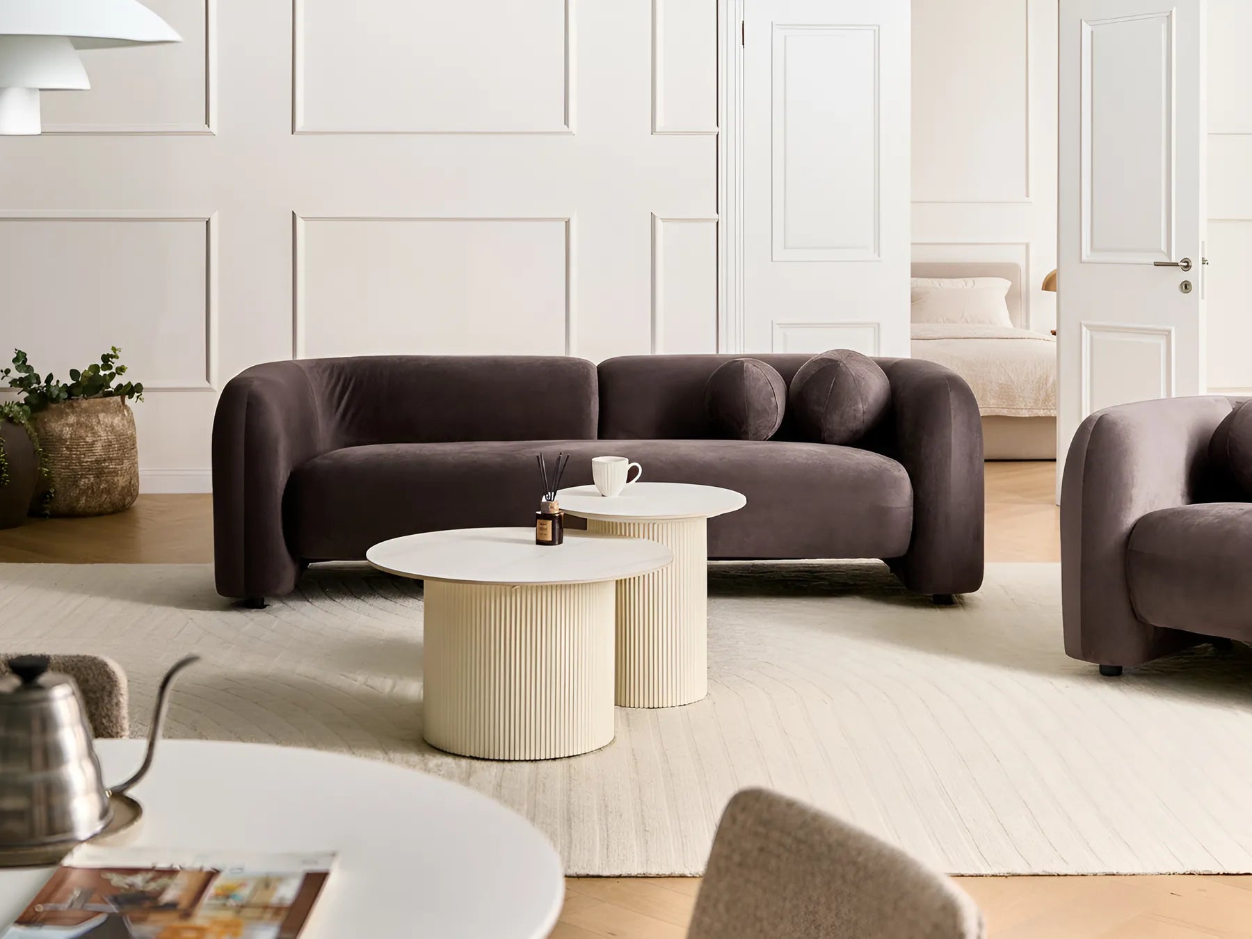 Living Room Set 4 Seater LEIREN Velvet Dark Brown