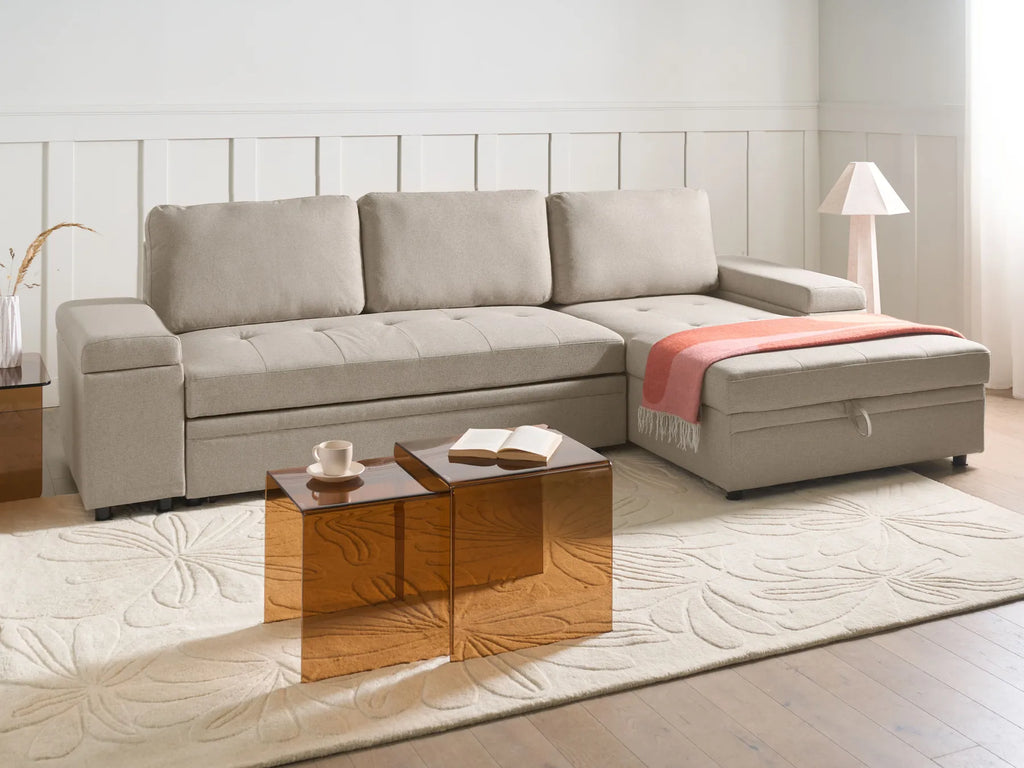 Corner Sofa Bed 3 Seater HRISEY Faux Linen Beige Left Hand