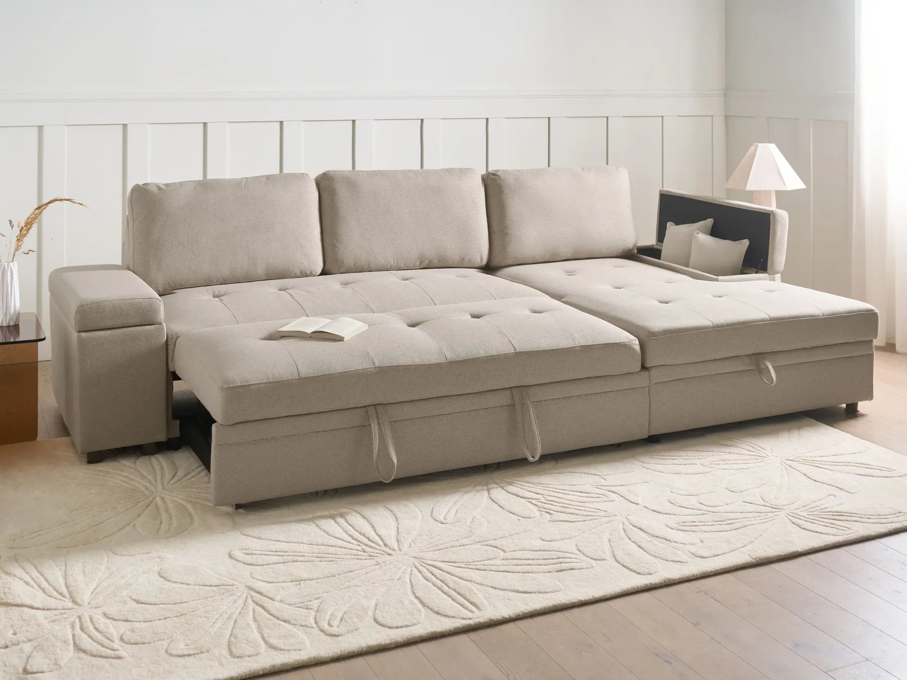 Corner Sofa Bed 3 Seater HRISEY Faux Linen Beige Left Hand