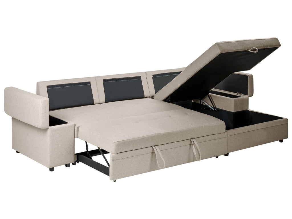 Corner Sofa Bed 3 Seater HRISEY Faux Linen Beige Left Hand