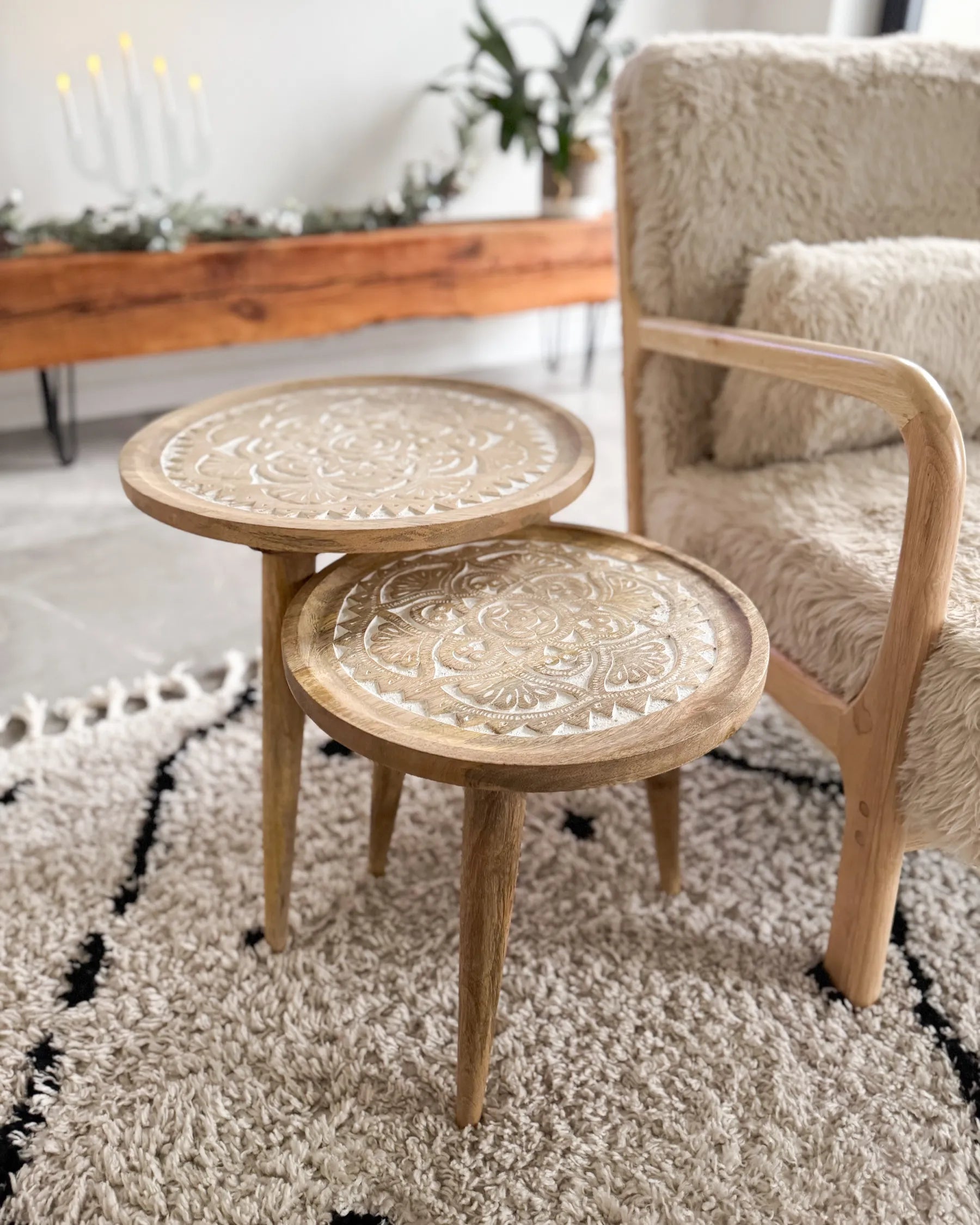 Set of 2 Side Tables SAKITA Mango Wood Brown/ White
