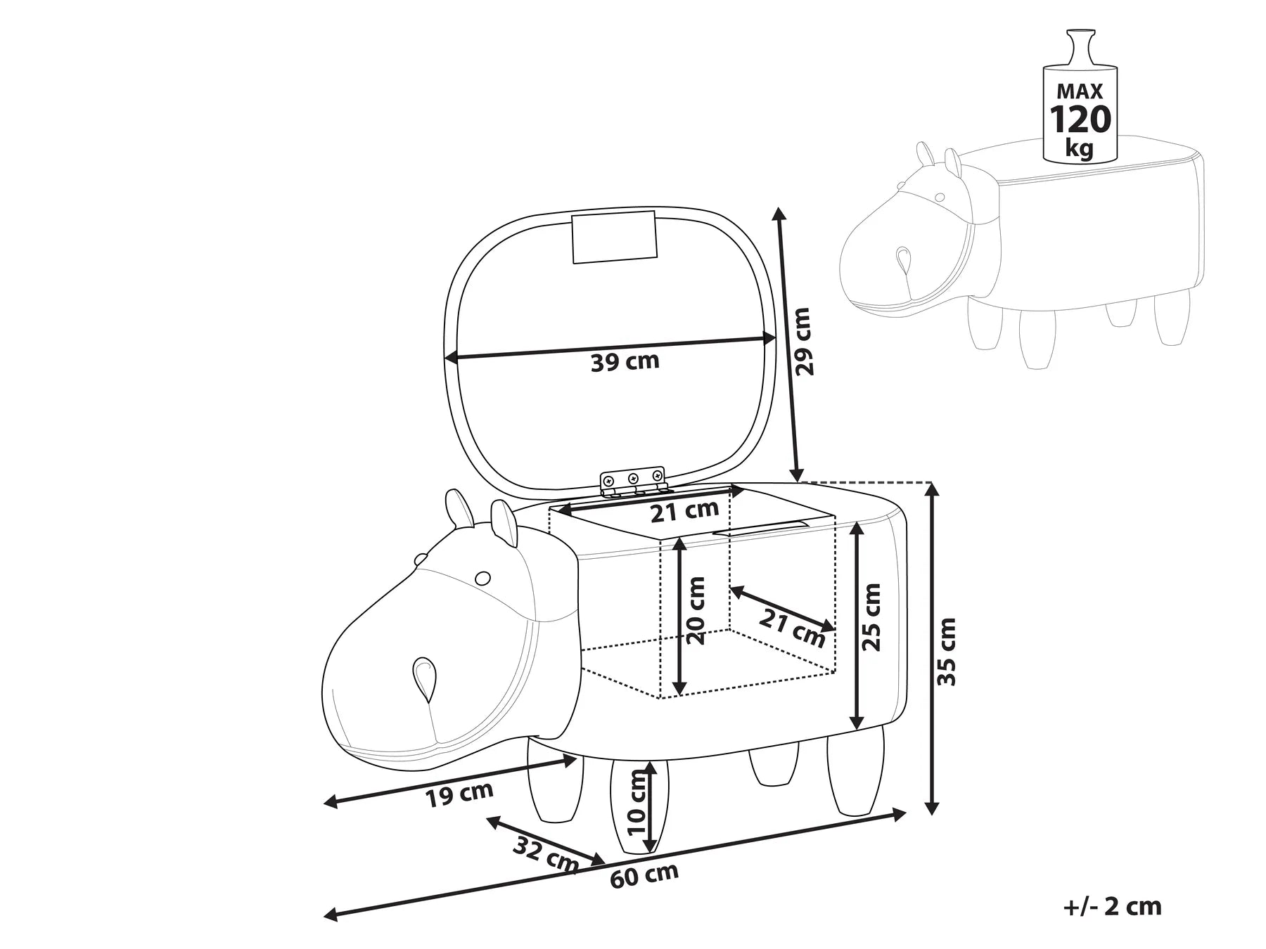Storage Animal Stool HIPPO Faux Leather Brown