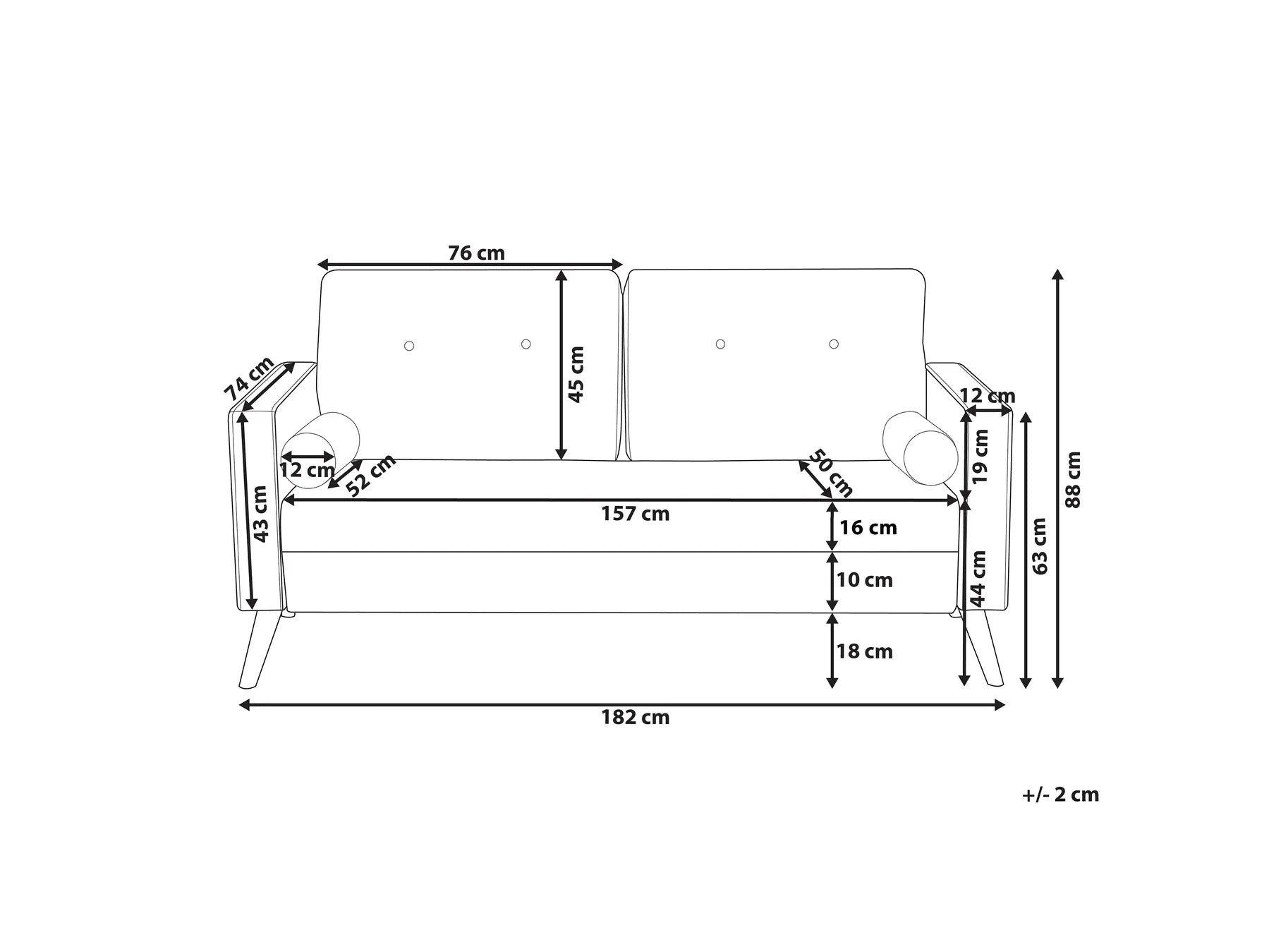 Sofa 2 Seater KALMAR Fabric Dark Grey