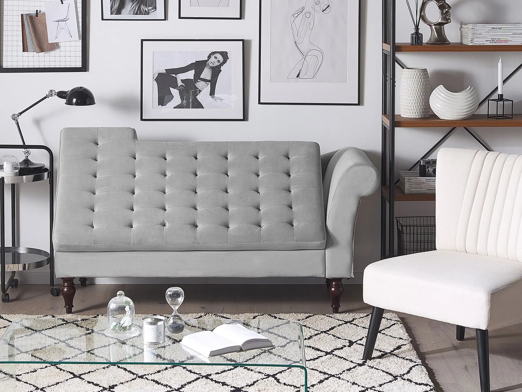 Right-Hand Chaise Lounge PESSAC Velvet Light Grey with Storage