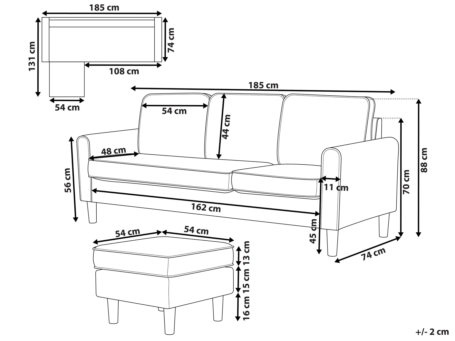 Sofa 3 Seater AVESTA Fabric Dark Blue with Ottoman