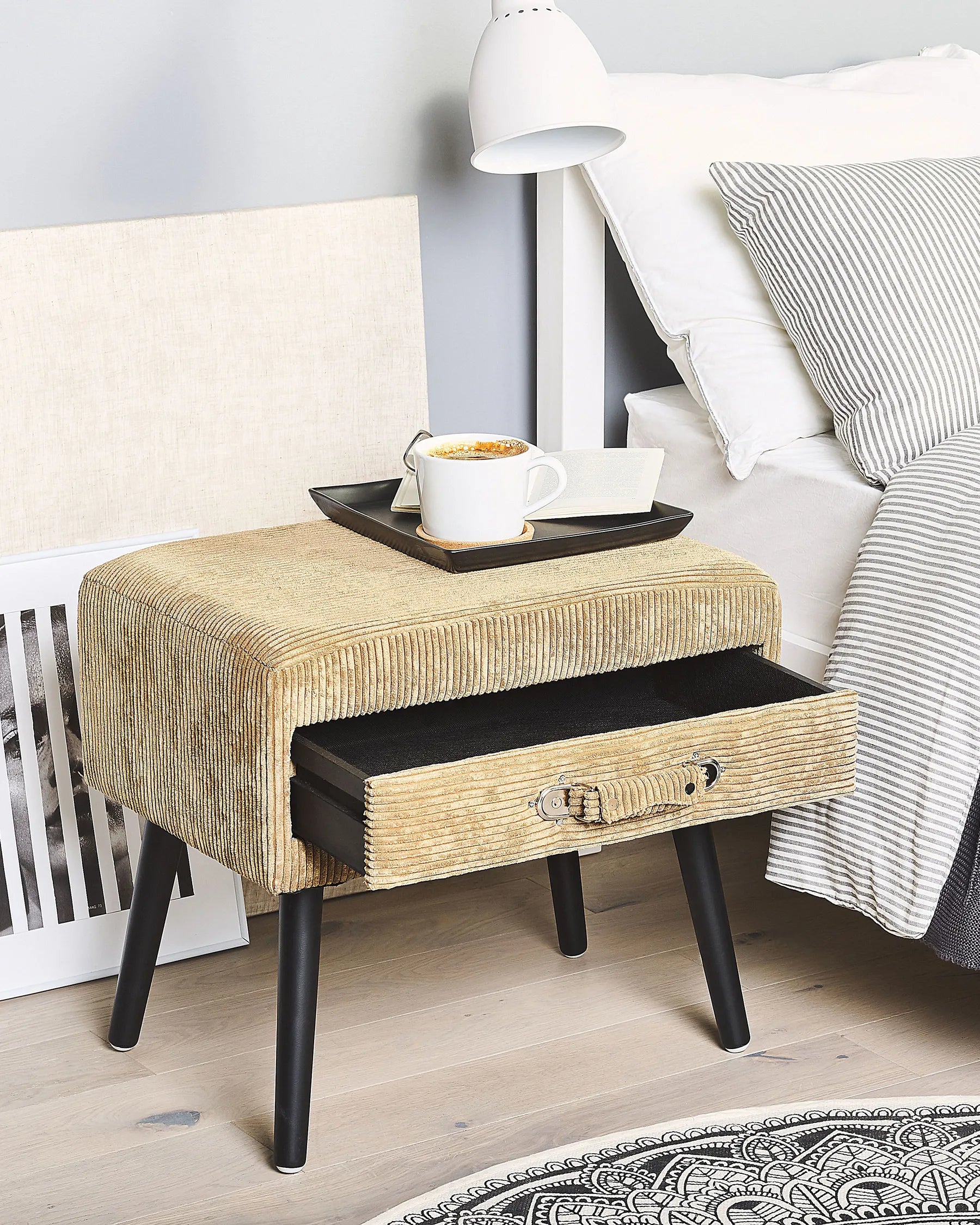 1 Drawer Bedside Table EUROSTAR Corduroy Sand Beige