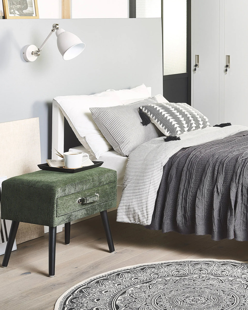 1 Drawer Bedside Table EUROSTAR Corduroy Dark Green