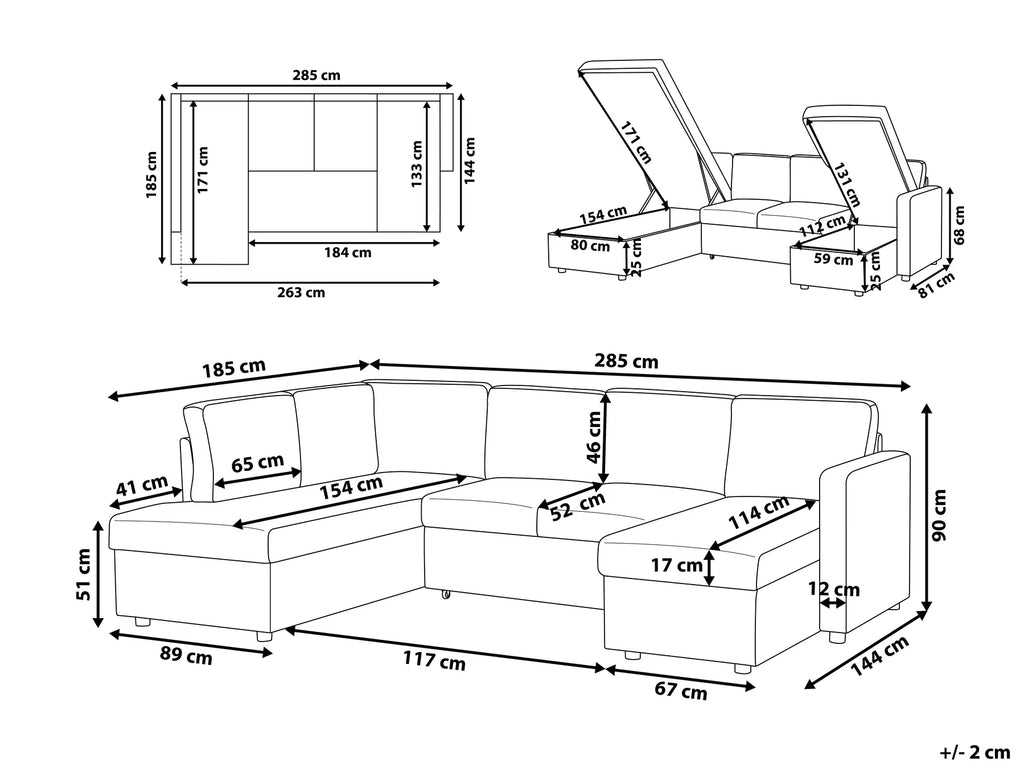 U-Shape Sofa Bed 5 Seater KARRABO Fabric Dark Grey with Storage