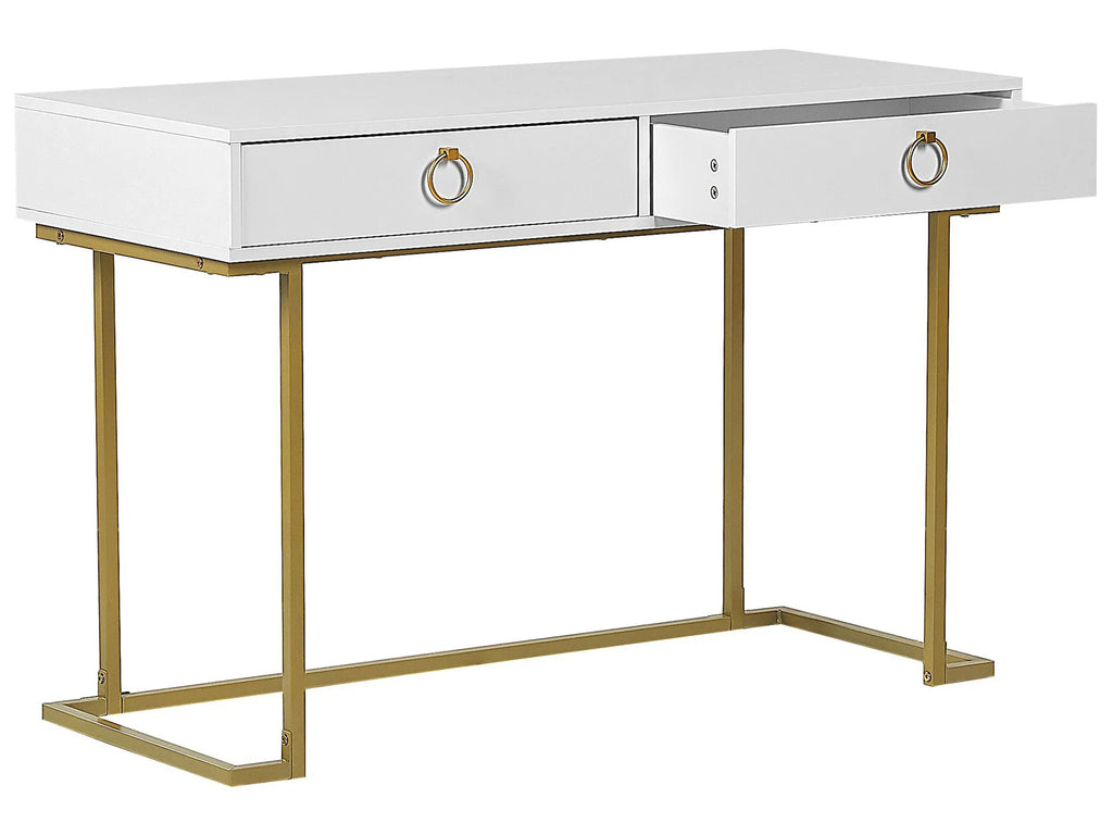 Console Table Home Office Desk WESTPORT White/ Gold 115 cm 50 cm with Storage