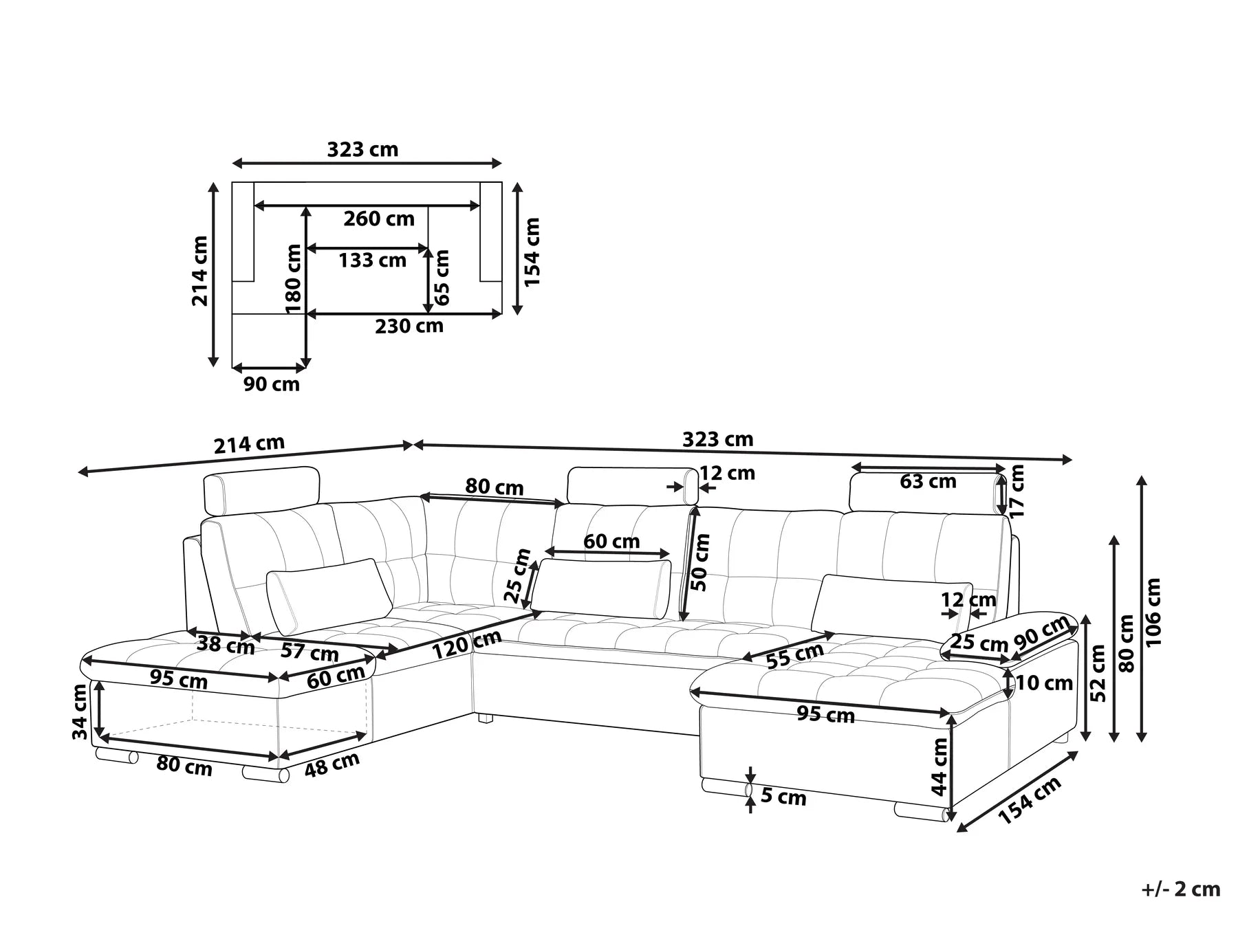 U-Shape Sofa Bed 5 Seater HALDEN Fabric Dark Grey with Storage Right Hand