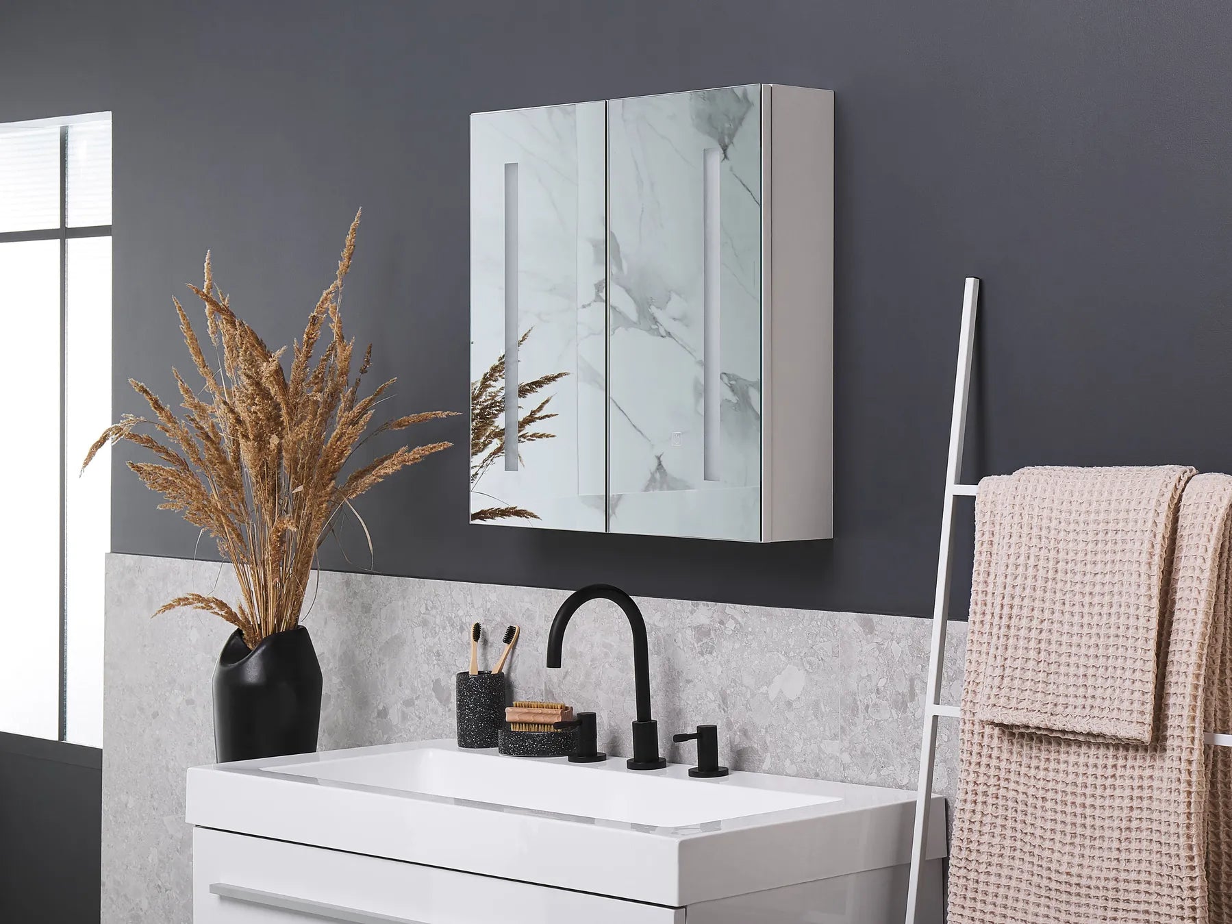Bathroom Wall Mounted Mirror Cabinet LED CHABUNCO 60 cm 60 cm White