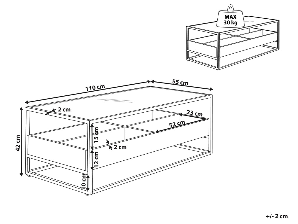 Coffee Table WACO Tempered Glass Black with Storage