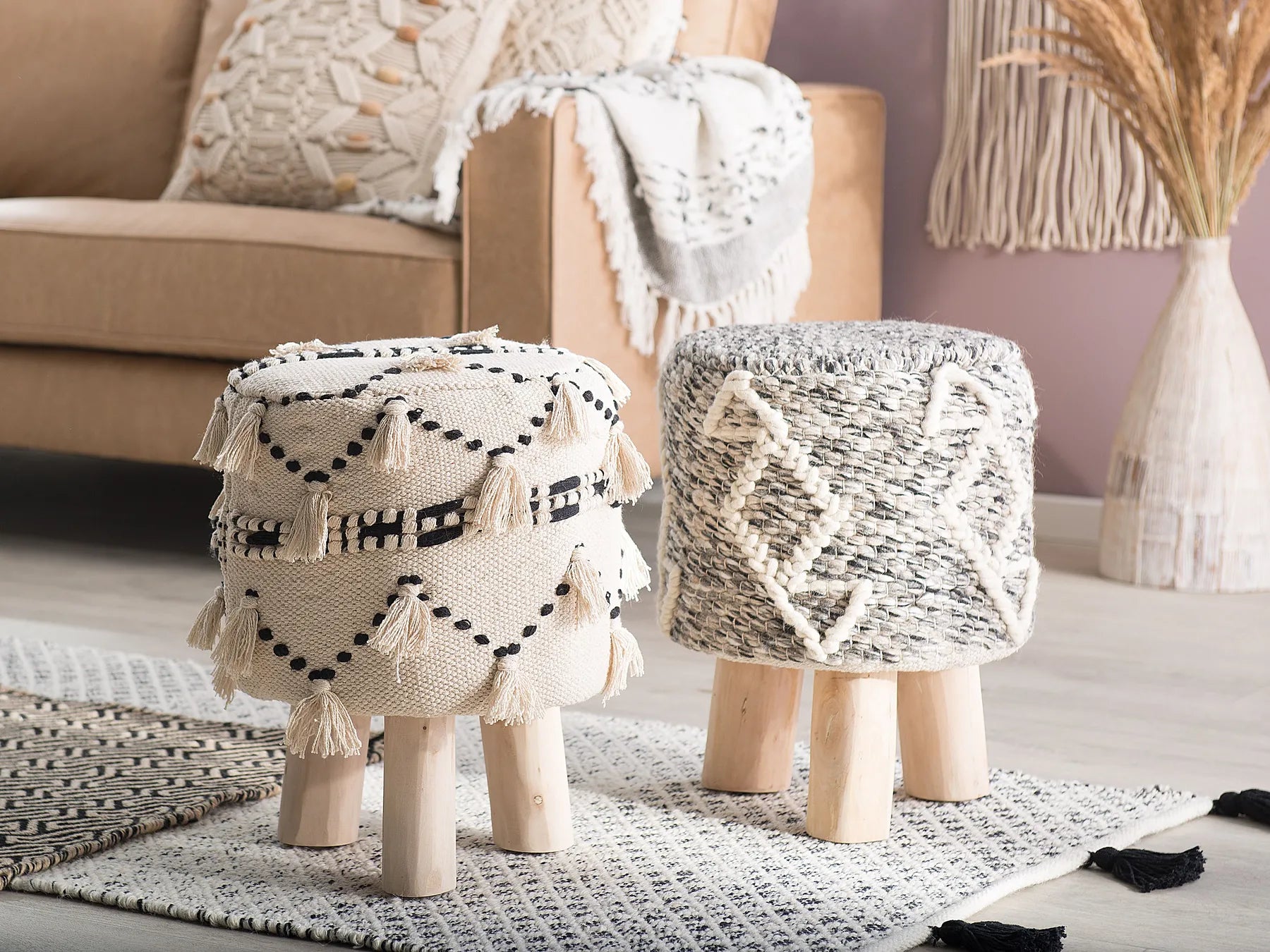 Footstool THONDI Cotton Beige