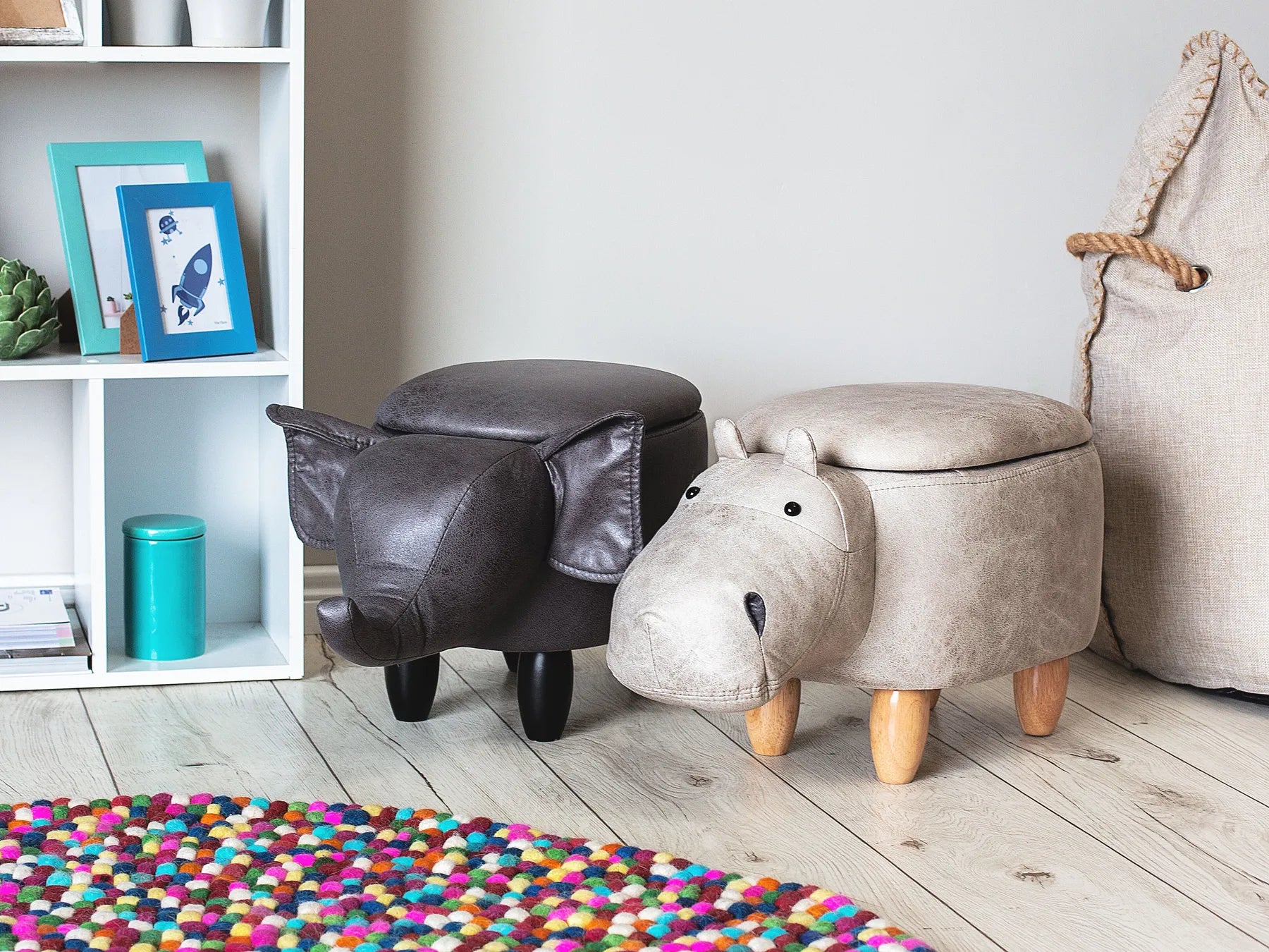 Storage Animal Stool HIPPO Faux Leather Light Grey