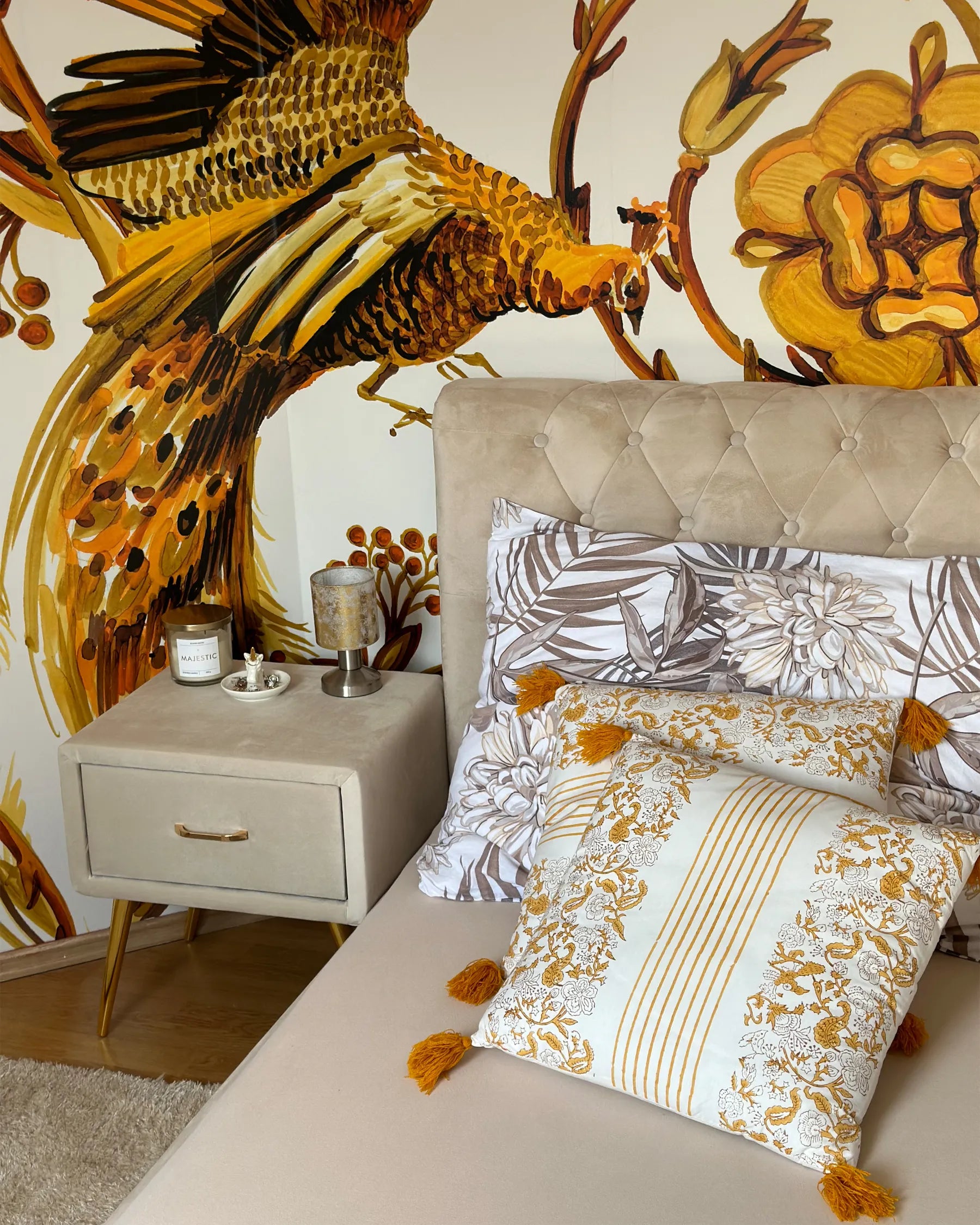 1 Drawer Bedside Table FLAYAT Velvet Light Beige