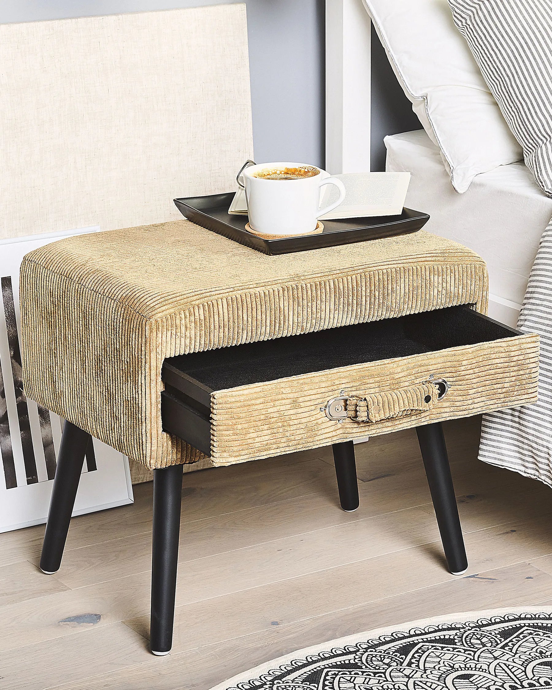 1 Drawer Bedside Table EUROSTAR Corduroy Sand Beige