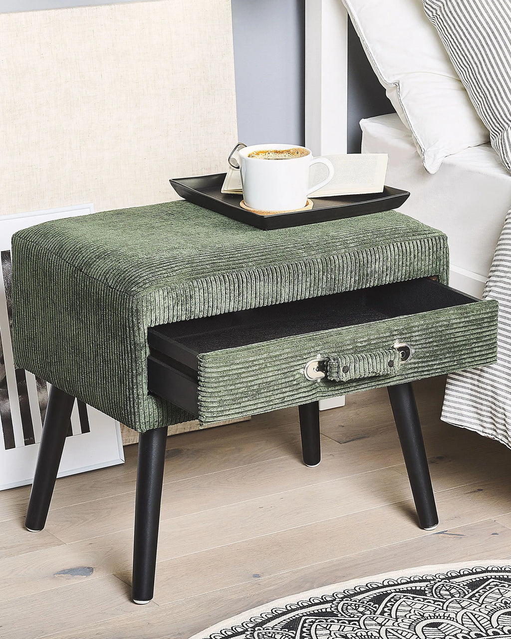 1 Drawer Bedside Table EUROSTAR Corduroy Dark Green