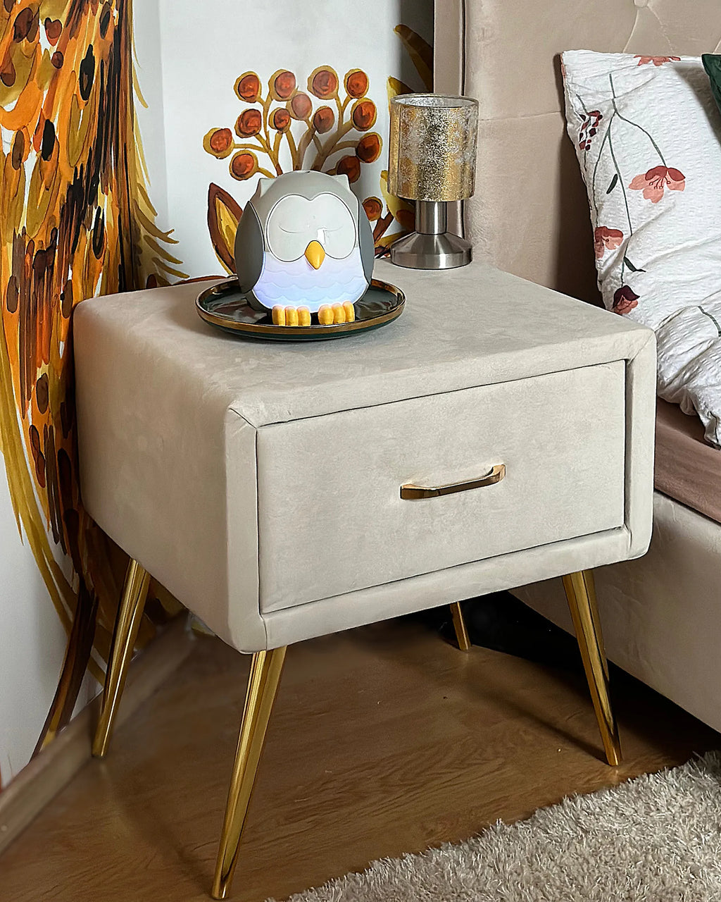 1 Drawer Bedside Table FLAYAT Velvet Light Beige