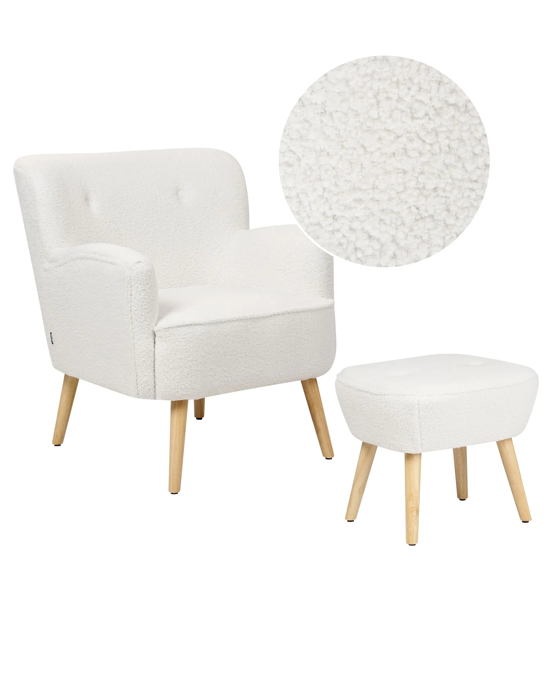 Armchair TUMBA with Footstool Boucle White