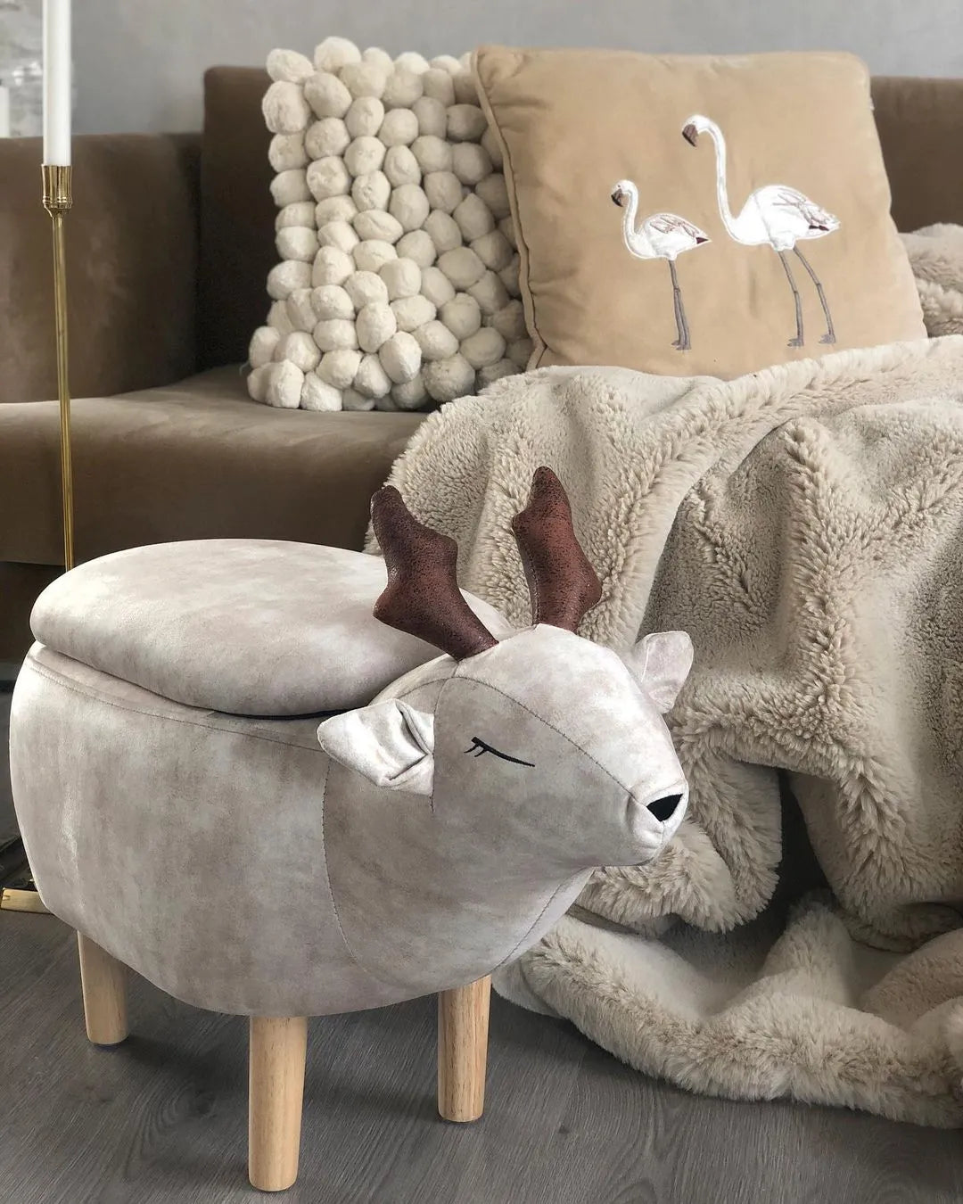 Storage Animal Stool REINDEER Fabric Beige