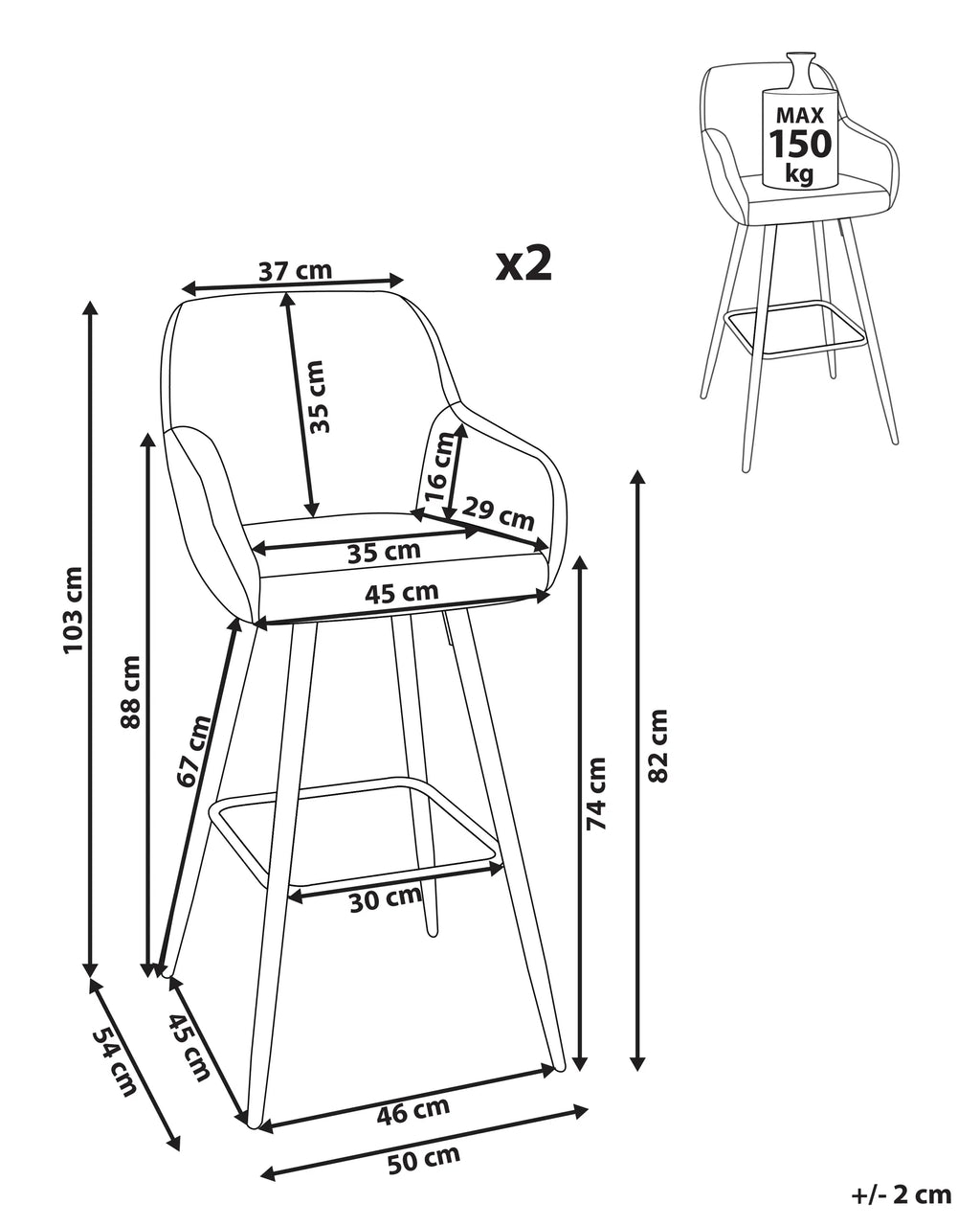 Set of 2 Bar Chairs CASMALIA Velvet Off-White