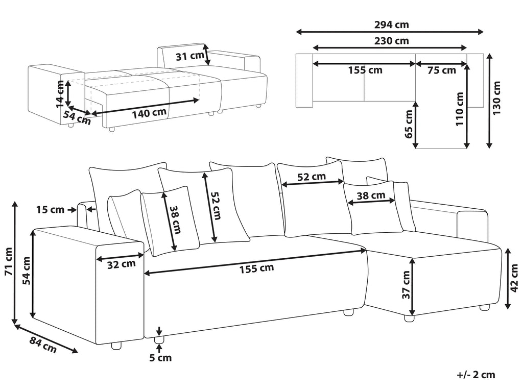 Corner Sofa Bed 3 Seater LUSPA Fabric Light Grey with Storage Left Hand