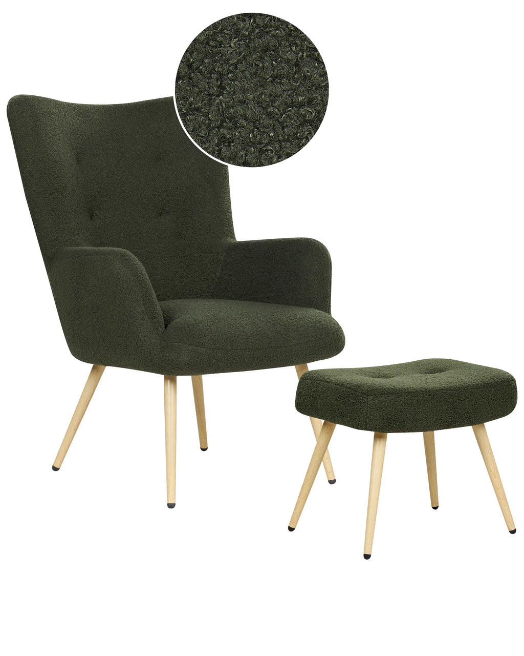 Wingback Chair VEJLE with Footstool Boucle Dark Green