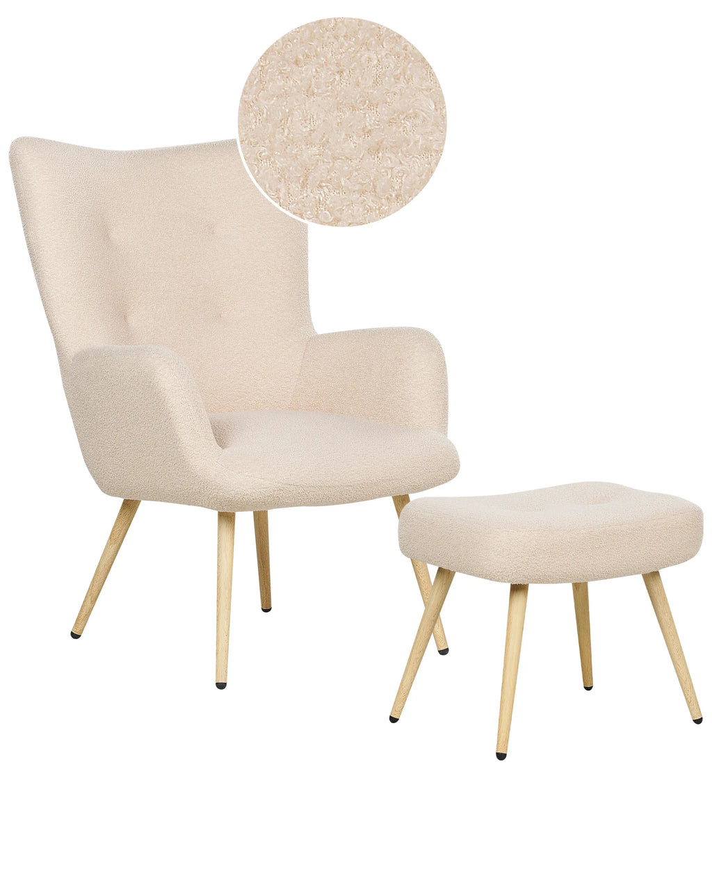 Wingback Chair VEJLE with Footstool Boucle Beige