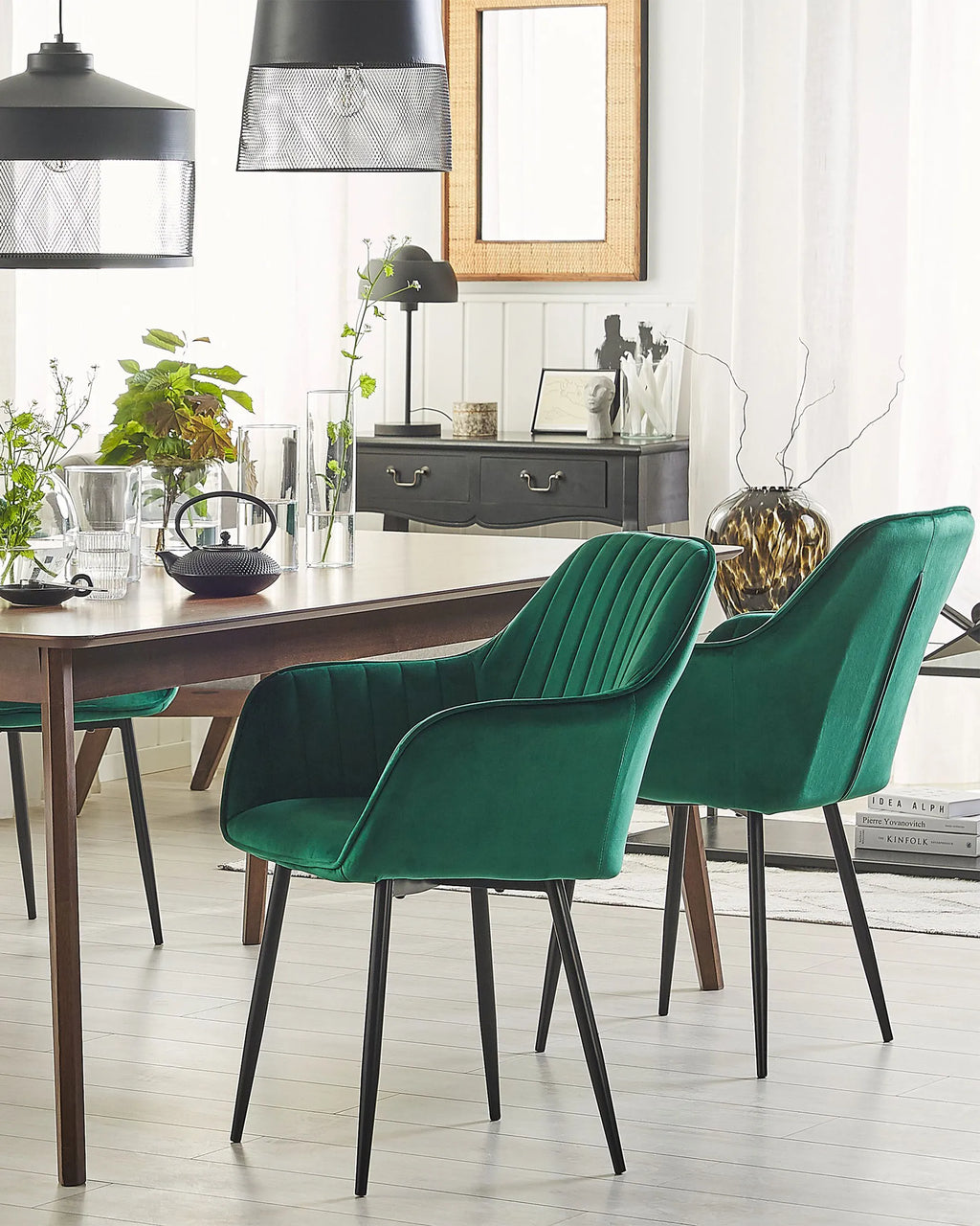 Set of 2 Dining Chairs Velvet Dark Green