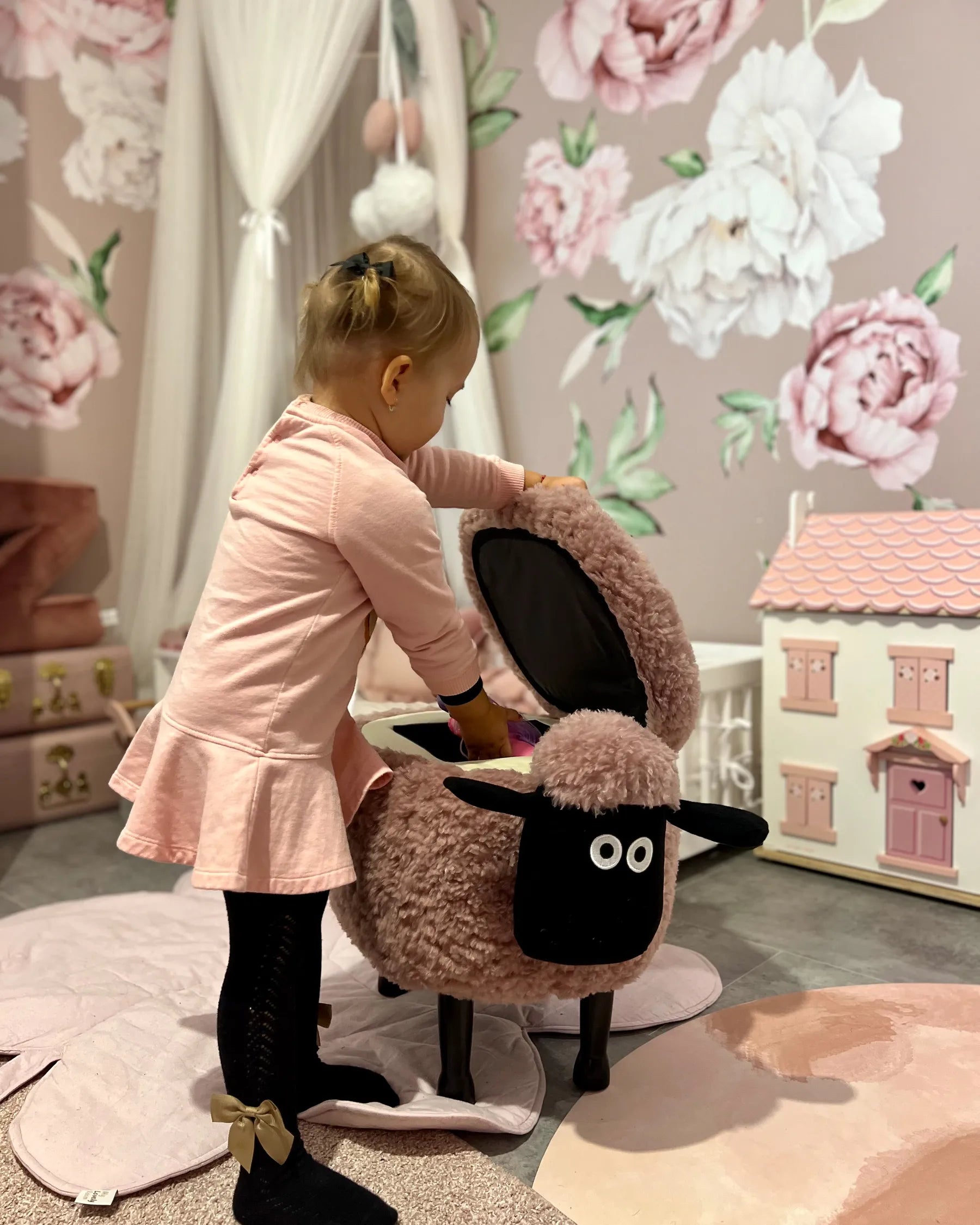 Storage Animal Stool SHEEP Fabric Pink