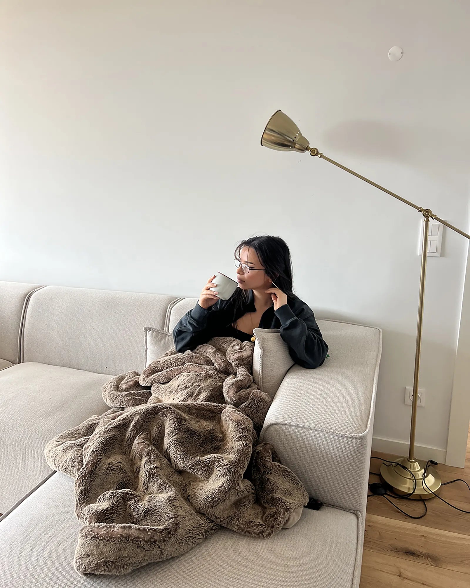 Corner Sofa 3 Seater DOLVA Fabric Light Beige Left Hand