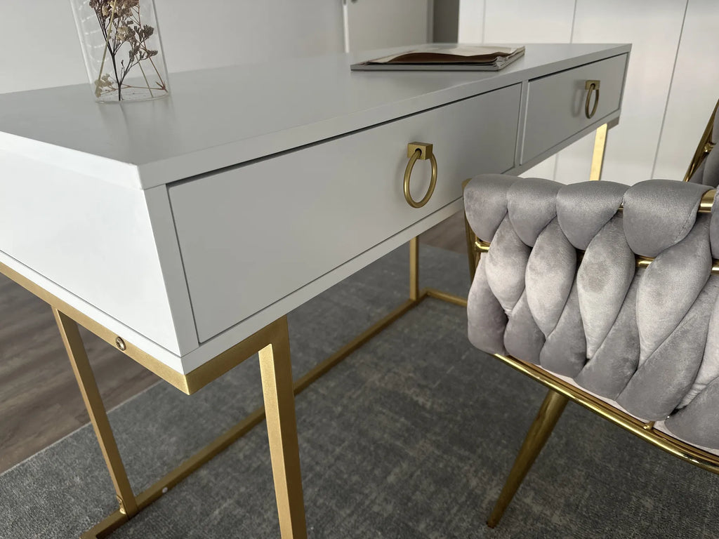 Console Table Home Office Desk WESTPORT White/ Gold 115 cm 50 cm with Storage