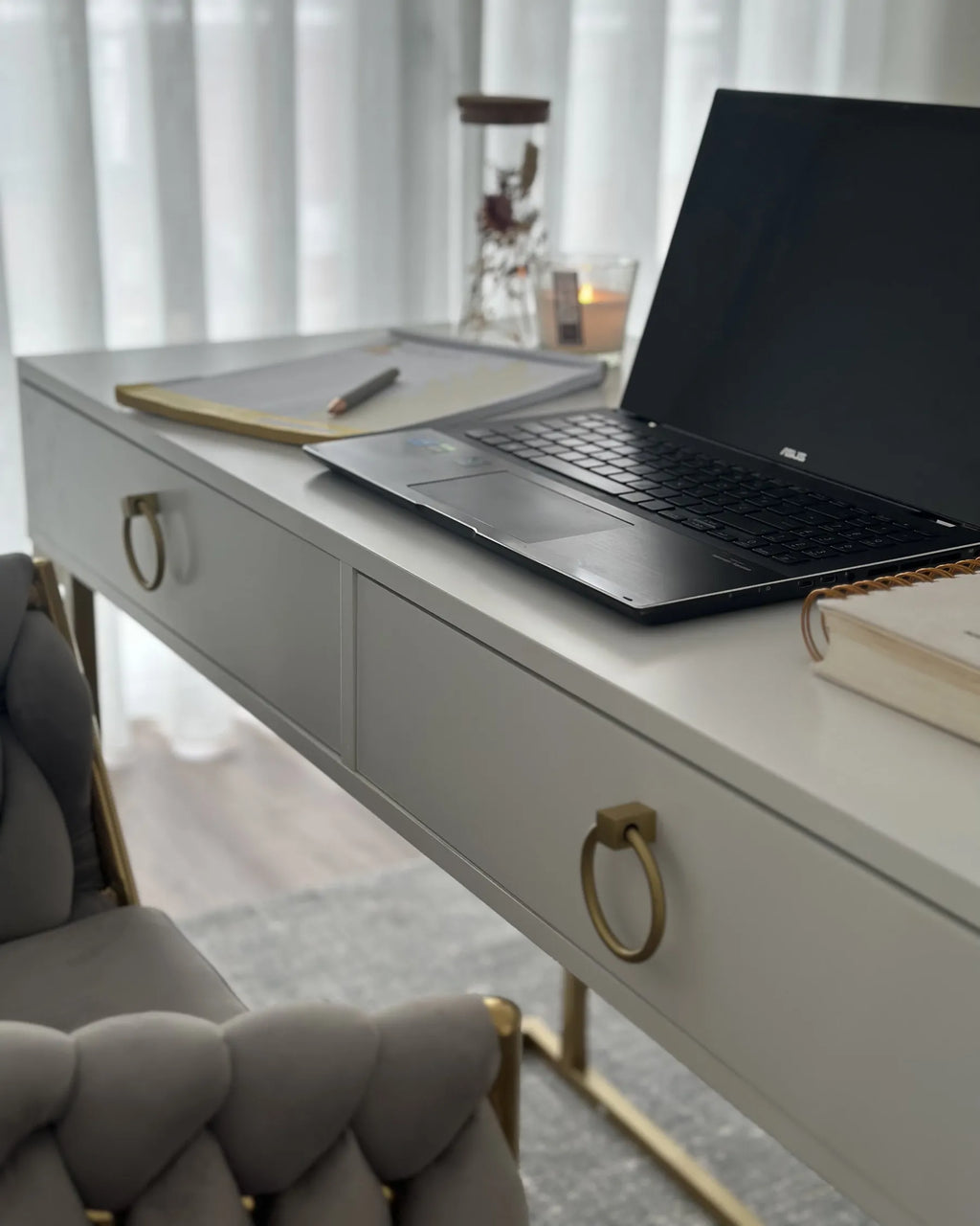 Console Table Home Office Desk WESTPORT White/ Gold 115 cm 50 cm with Storage