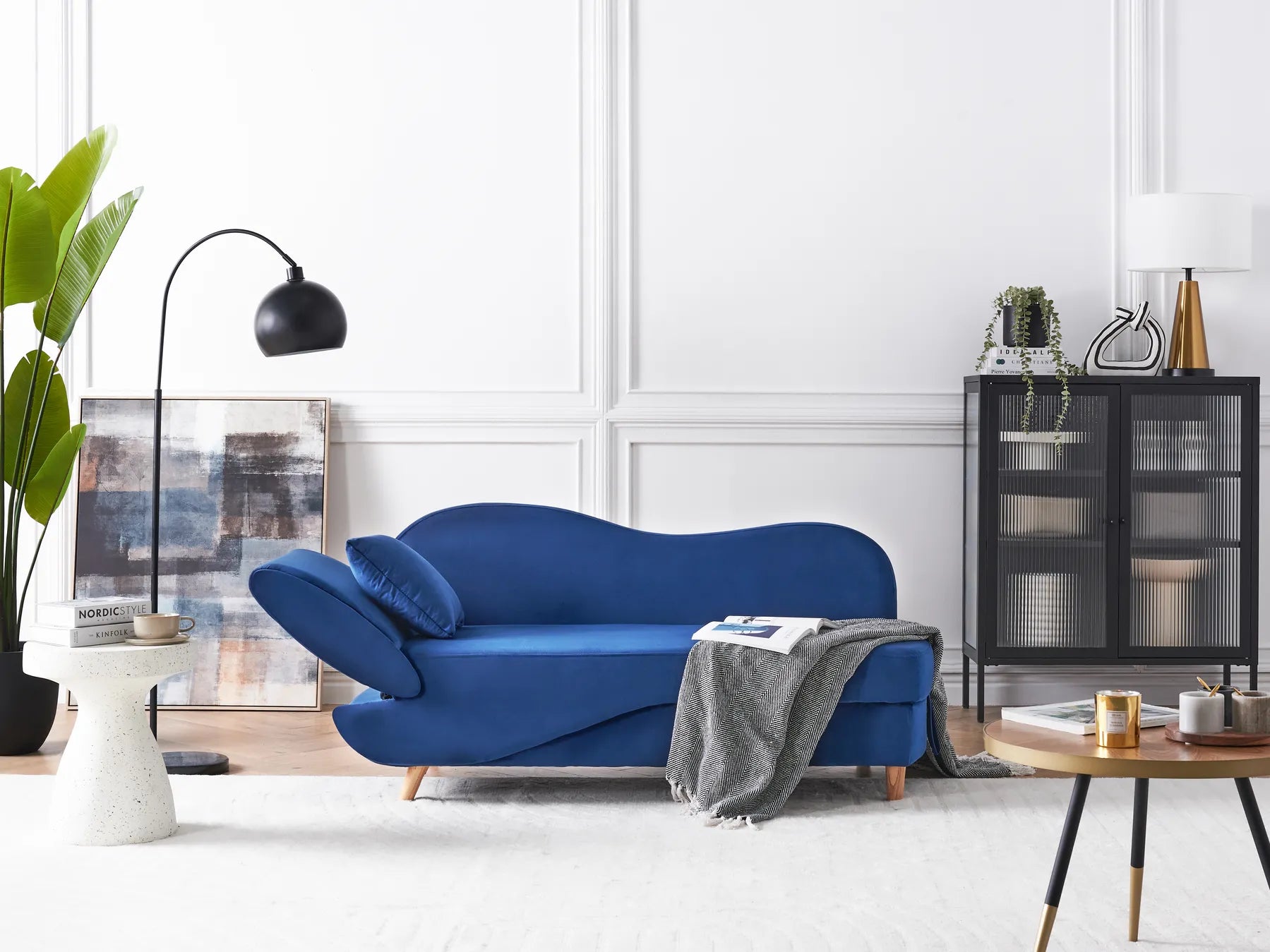 Left-Hand Chaise Lounge MERI Velvet Navy Blue with Storage