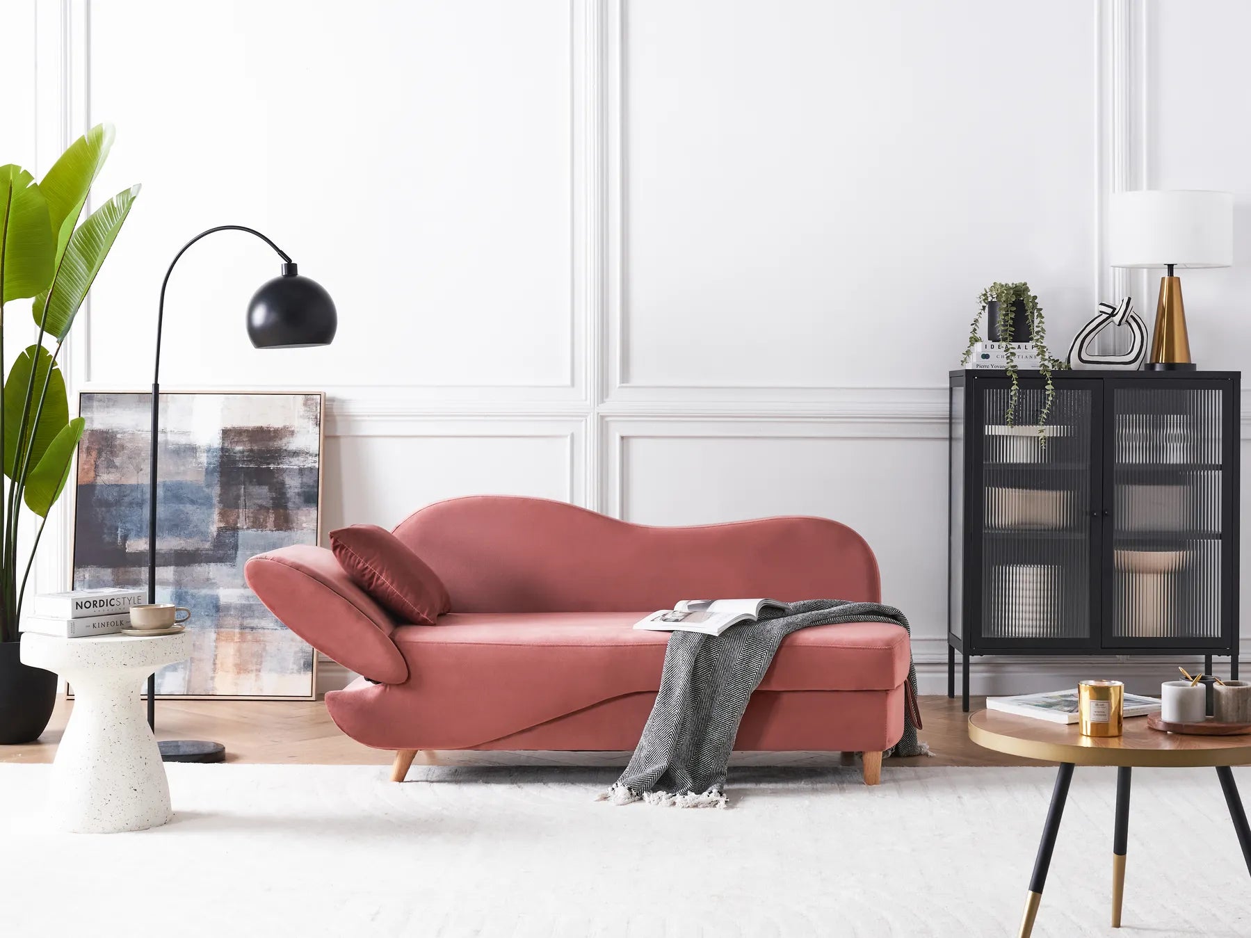 Left-Hand Chaise Lounge MERI Velvet Pink with Storage