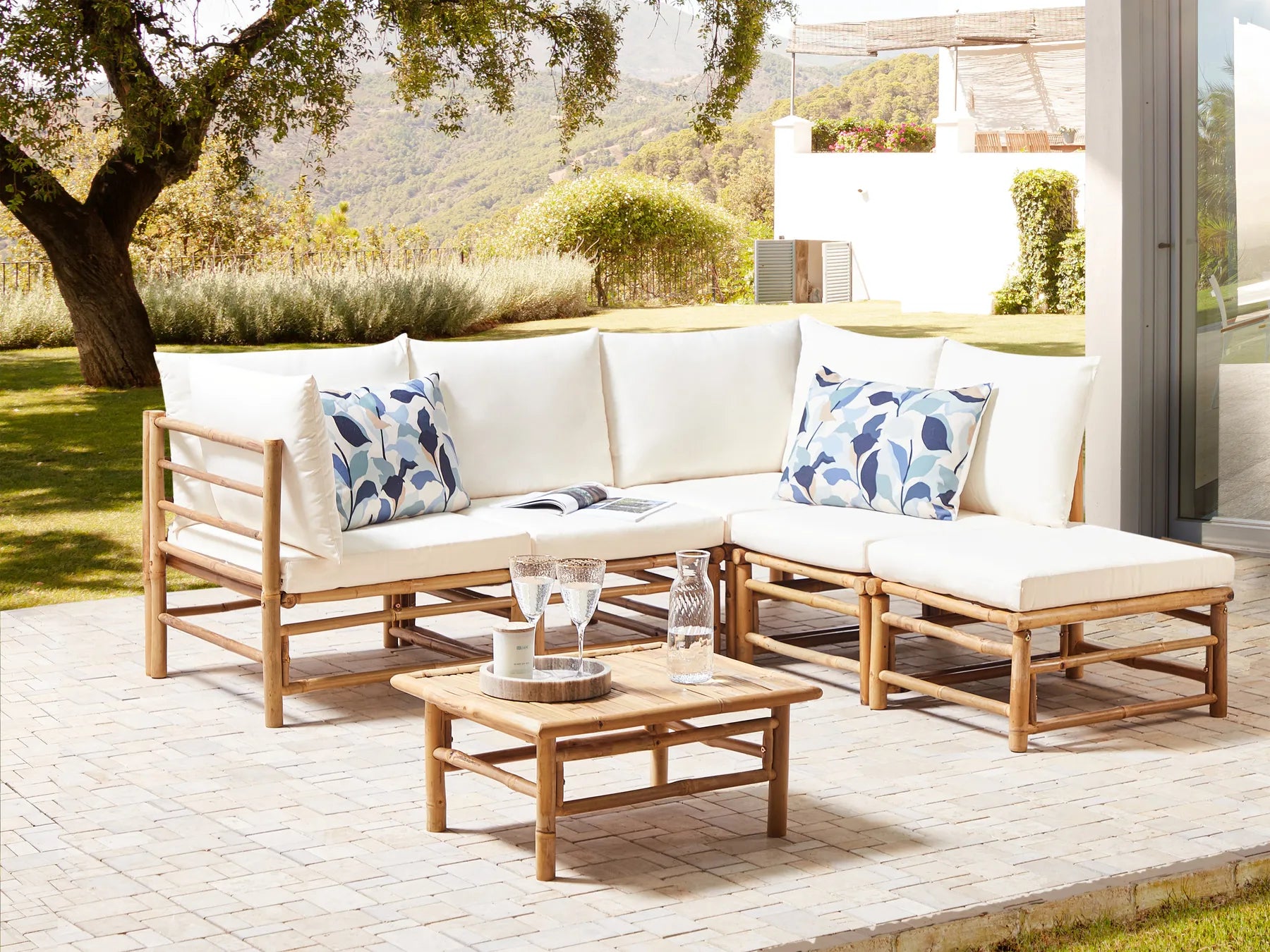 Garden Ottoman CERRETO Bamboo Wood Off-White