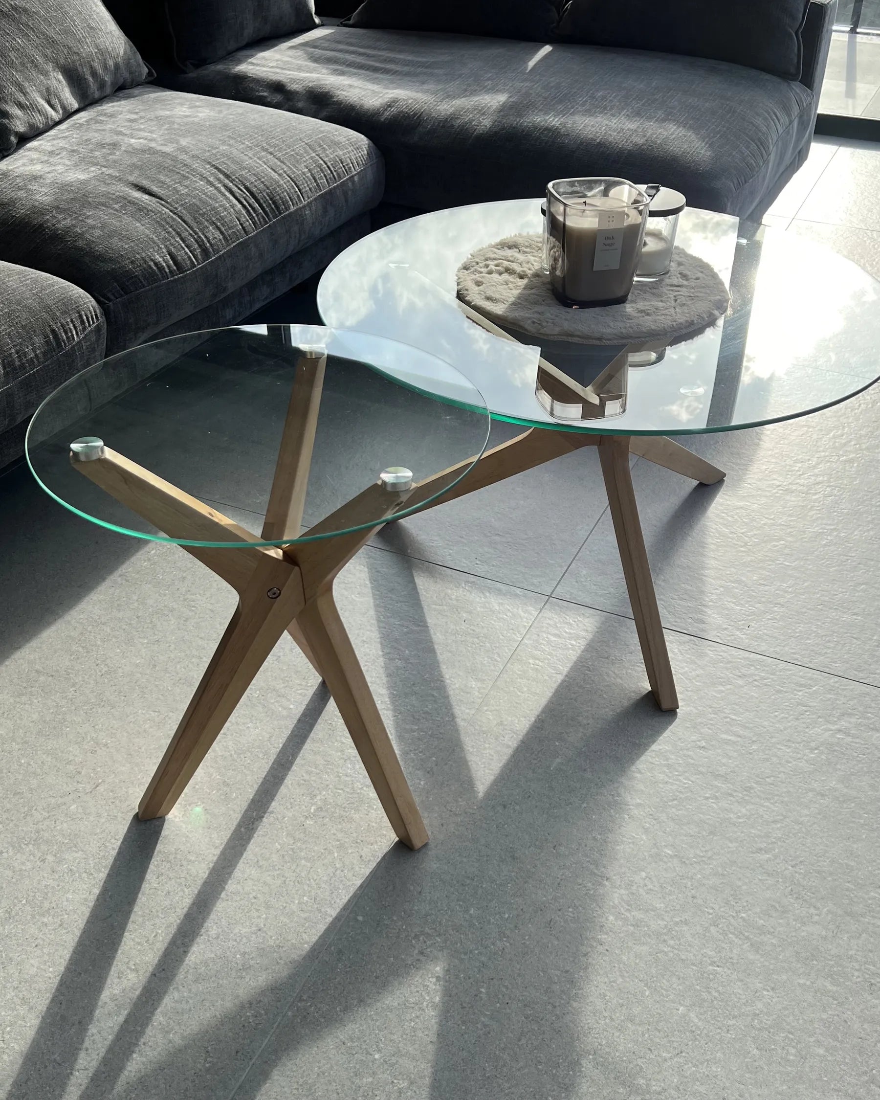 Set of 2 Coffee Tables VALLEY Tempered Glass Light Brown