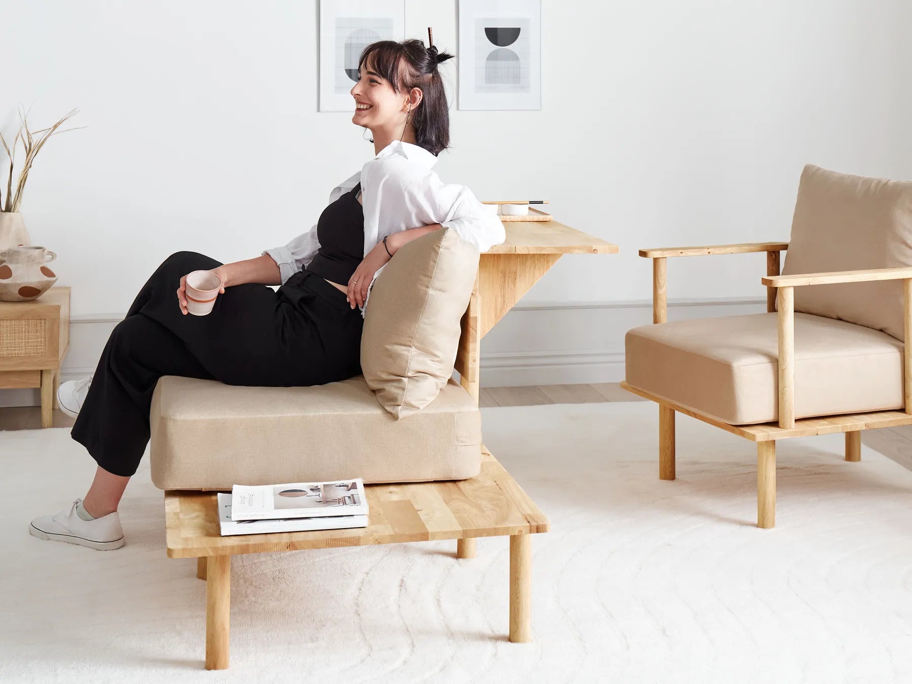 Sofa 2 Seater SALO Fabric Sand Beige with Tables