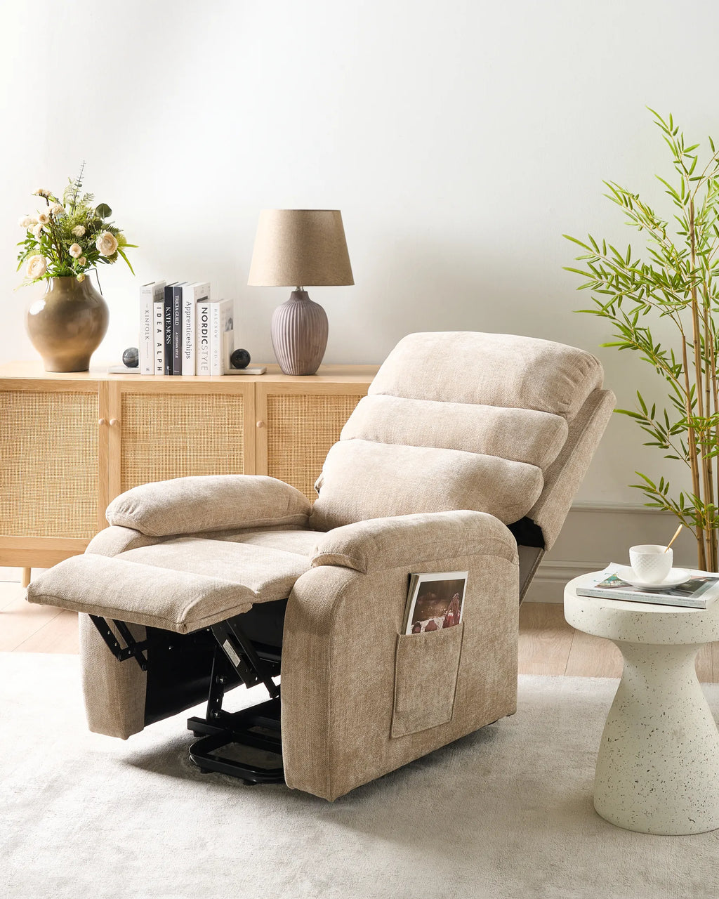 Electric Recliner Chair RISE With Footrest Fabric Beige