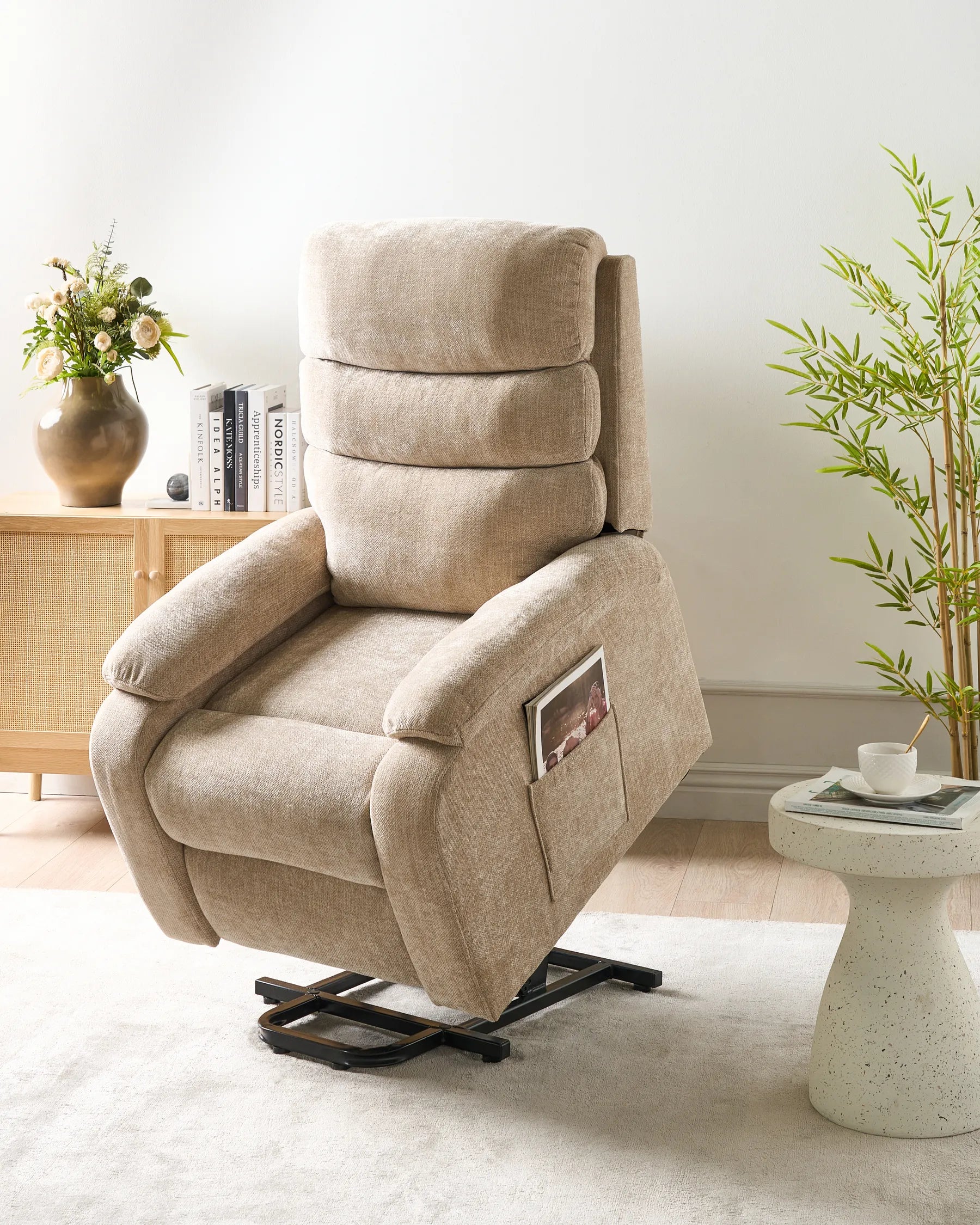 Electric Recliner Chair RISE With Footrest Fabric Beige