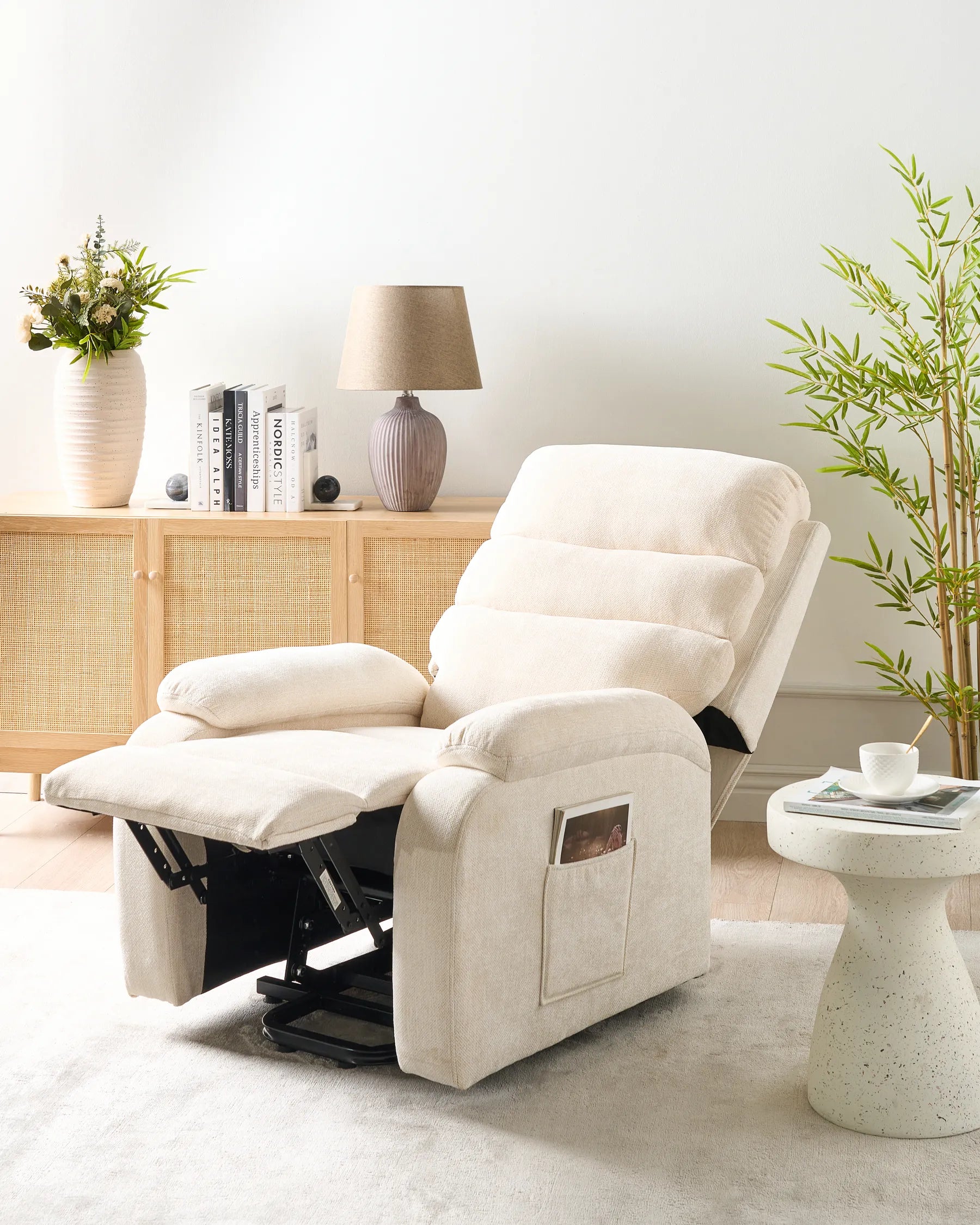 Electric Recliner Chair RISE With Footrest Fabric Light Beige